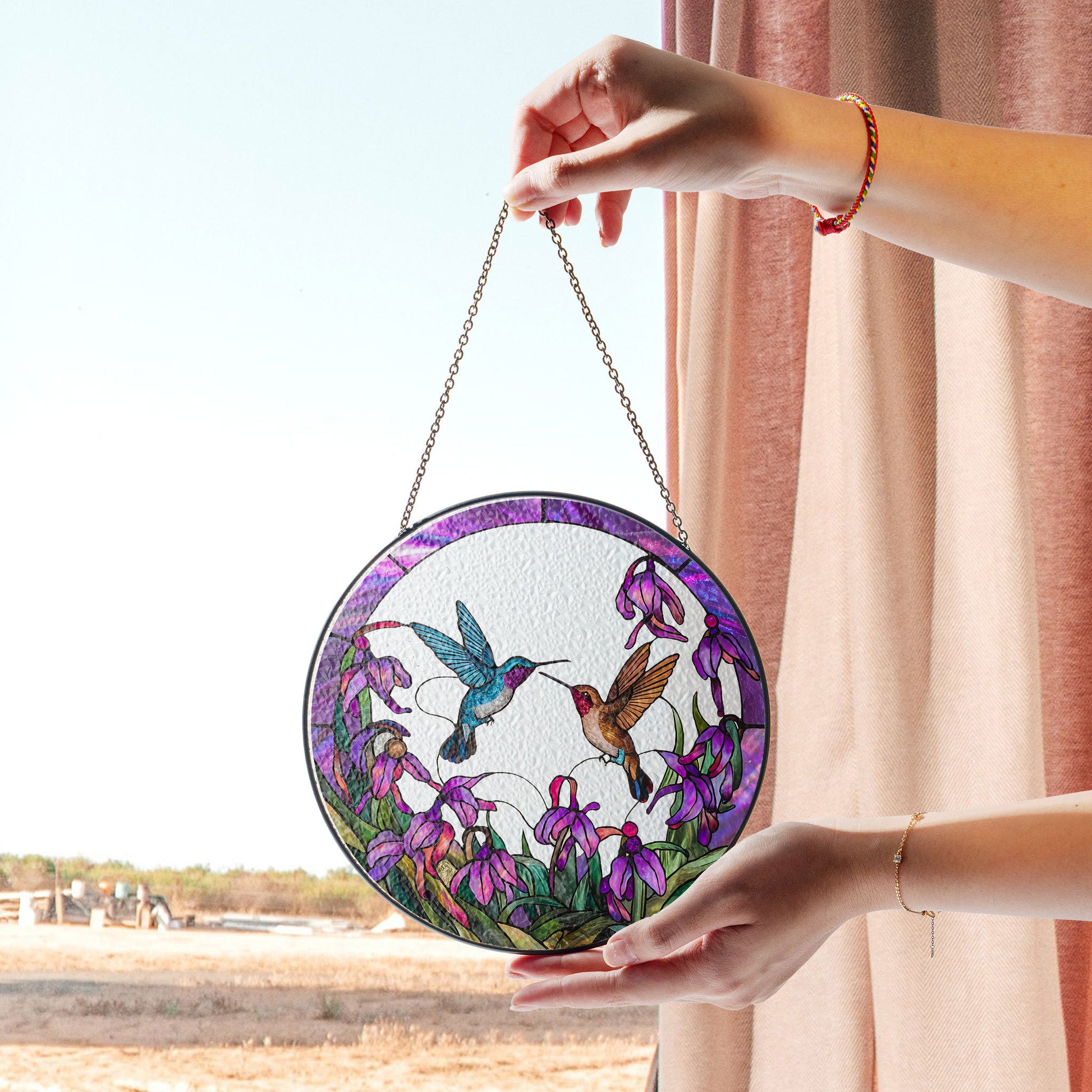 Beauty Hummingbird Stained Glass Suncatcher – Floral Design With Iridescent Purple Accents , Colorful Acrylic Light Catcher, Stained Glass Effect Suncatcher, Handmade Window Decoration Gift