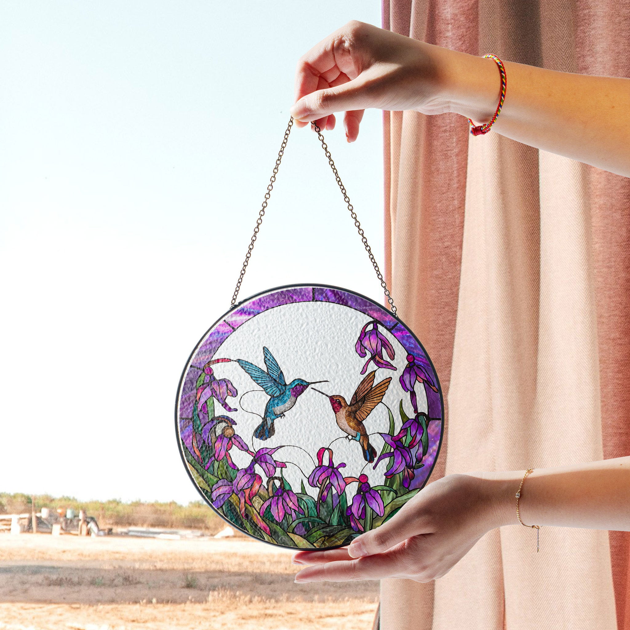 Beauty Hummingbird Stained Glass Suncatcher – Floral Design With Iridescent Purple Accents , Colorful Acrylic Light Catcher, Stained Glass Effect Suncatcher, Handmade Window Decoration Gift