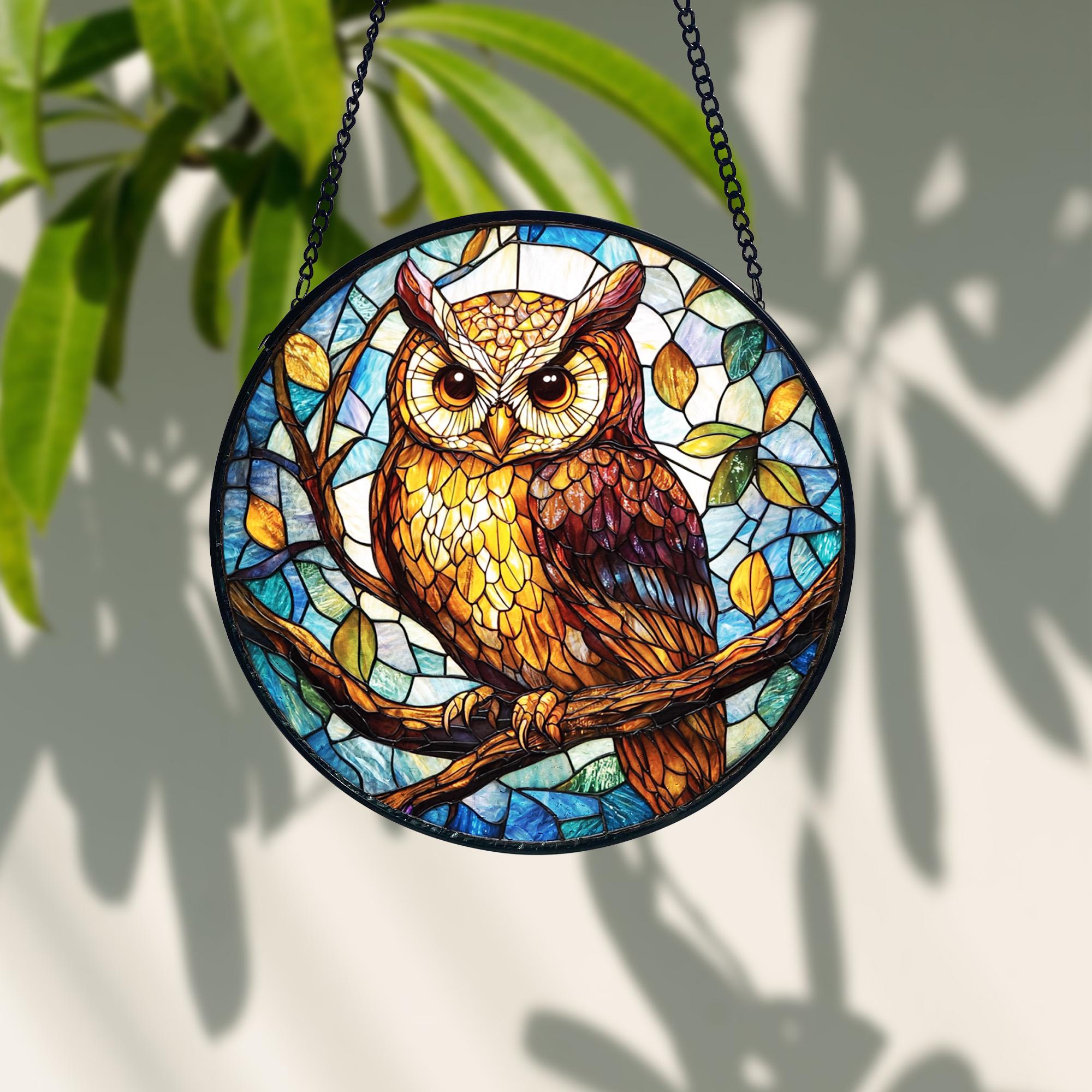 Stained Glass Owl Suncatcher_ Handcrafted Window Hanging Decor, Stained Glass Style Clover Window Suncatcher, Acrylic Lucky Hanging Decor, Four Leaf Sun Catcher, Green Home Ornament