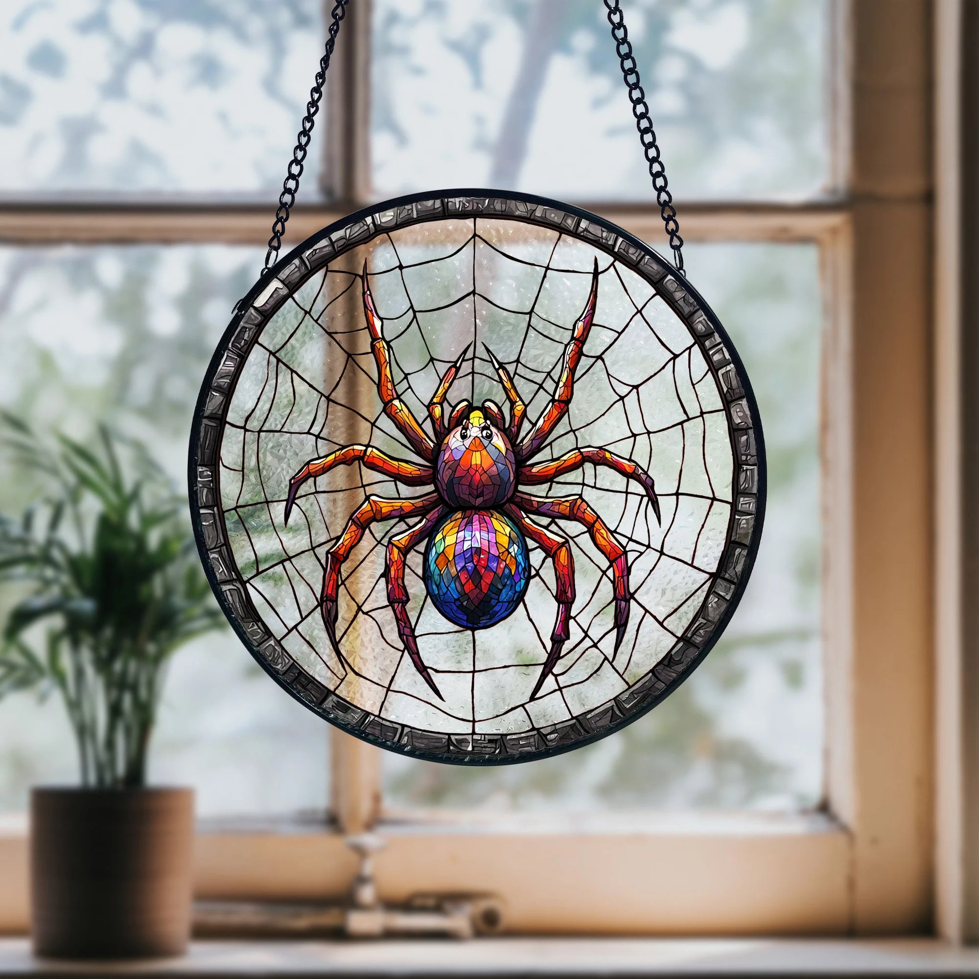 Stained Glass Spider Suncatcher_ Halloween Window Decoration, Stained Glass Style Clover Window Suncatcher, Acrylic Lucky Hanging Decor, Four Leaf Sun Catcher, Green Home Ornament