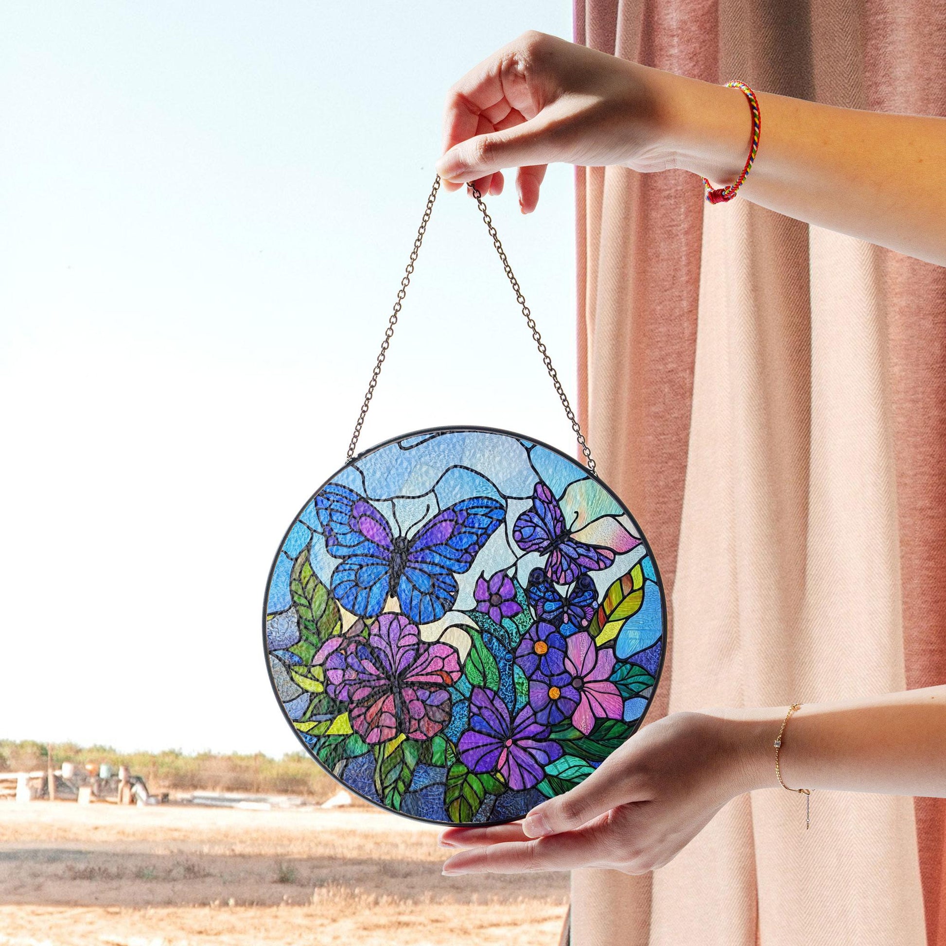 Butterfly and Flower Stained Glass Panel, Vibrant Round Window Decor, Handmade Acrylic Suncatcher Window Hanging, Stained Glass Look Decor, Colorful Light Catcher, Unique Home Gift