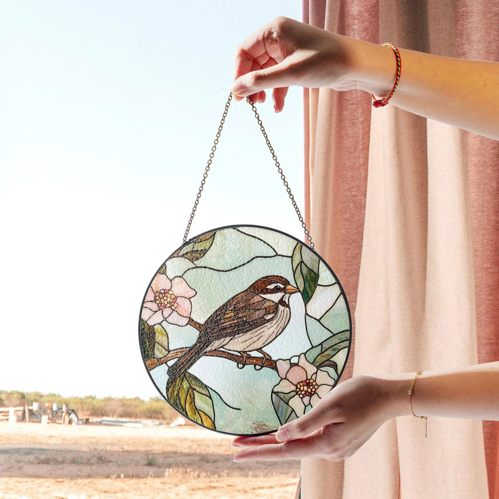 Charming Sparrow Round Glass Panel With Floral Design - Perfect Window or Wall Accent for Nature Lovers, Acrylic Light Catcher Window Hanging, Stained Glass Style Ornament, Artistic Home Decor Gift
