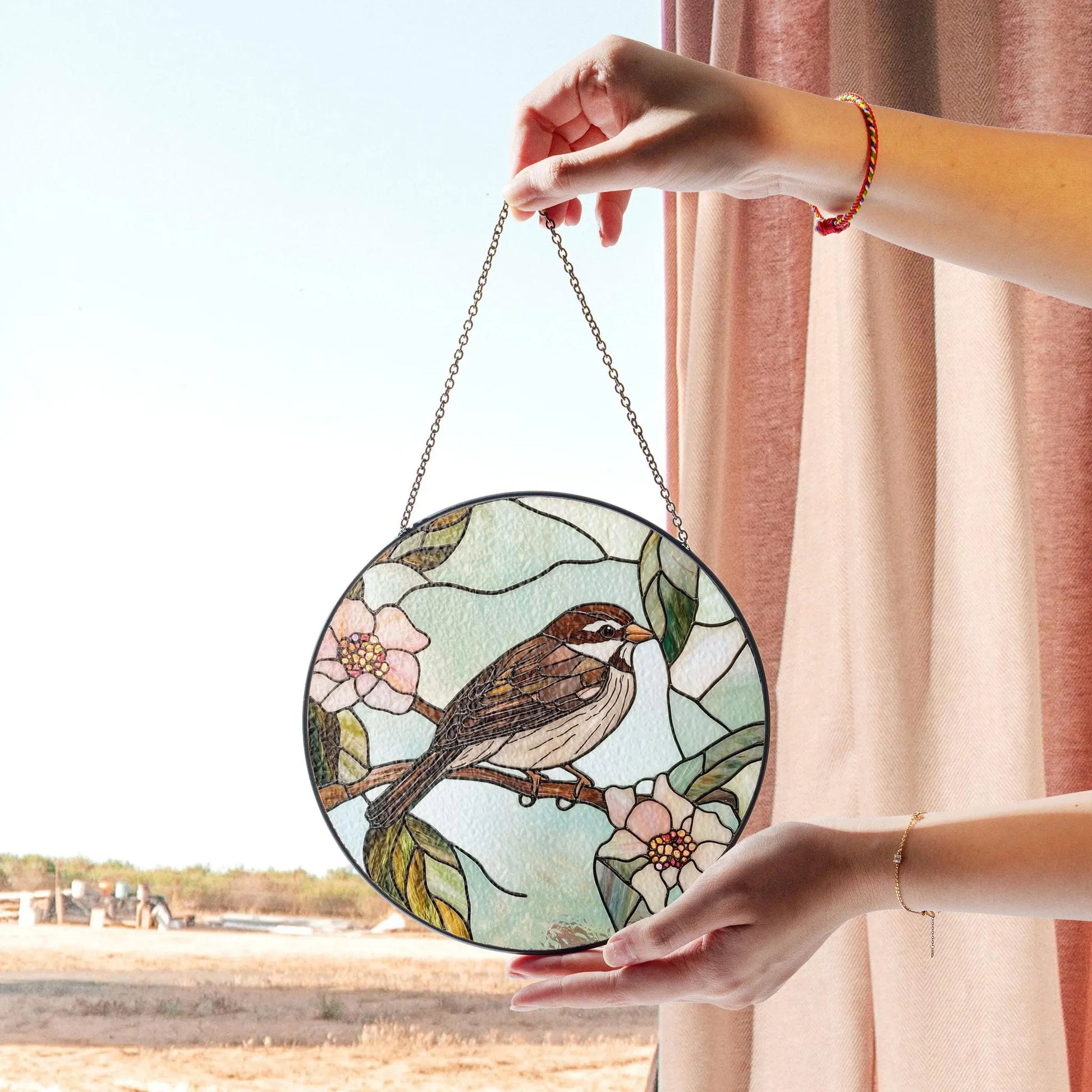 Charming Sparrow Round Glass Panel With Floral Design - Perfect Window or Wall Accent for Nature Lovers, Acrylic Light Catcher Window Hanging, Stained Glass Style Ornament, Artistic Home Decor Gift