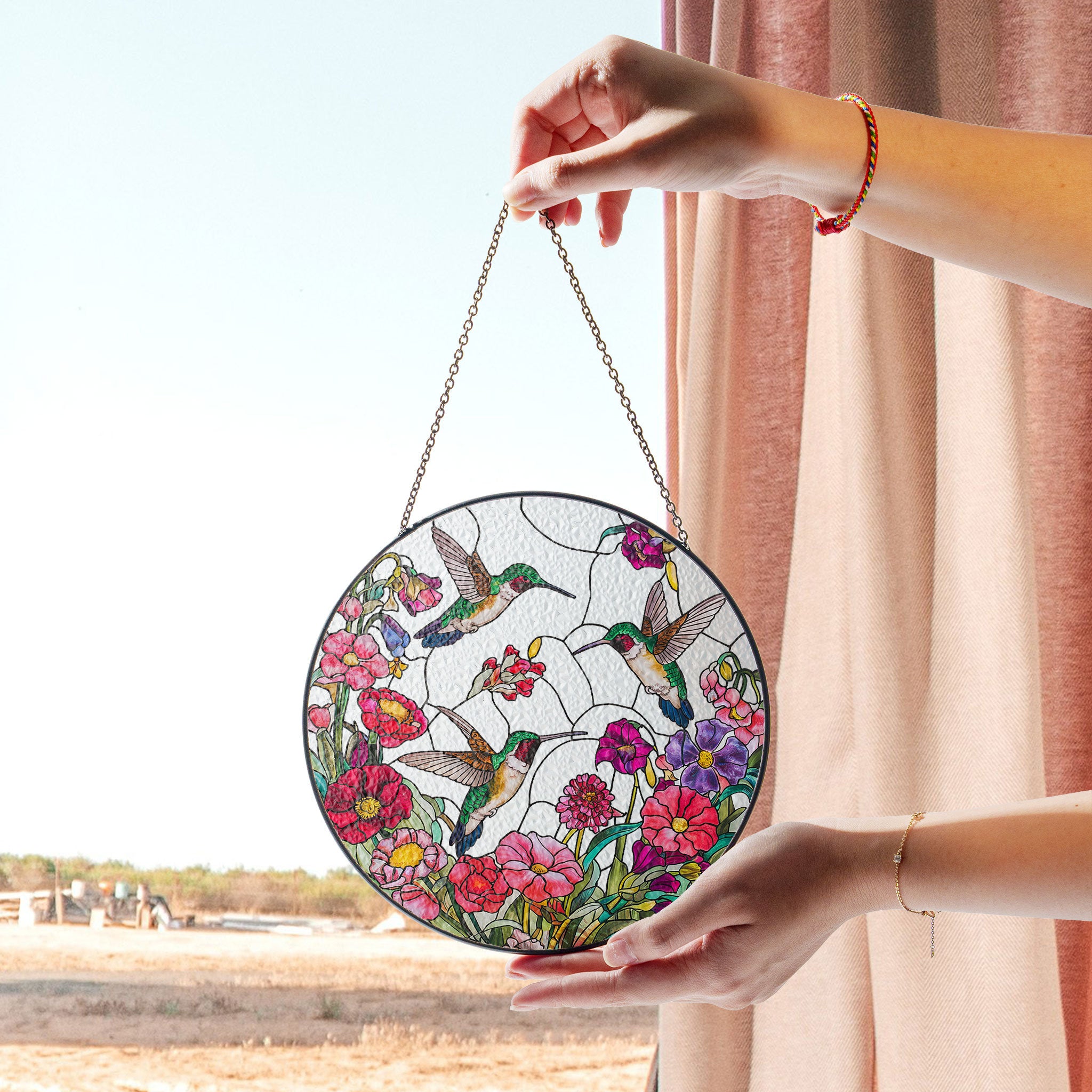 Beauty Hummingbirds & Wildflowers Stained Glass Suncatcher - Nature-inspired Window Art, Colorful Stained Glass Effect Suncatcher, Acrylic Window Hanging Art, Bright Home Accent, Gift for Home Lovers