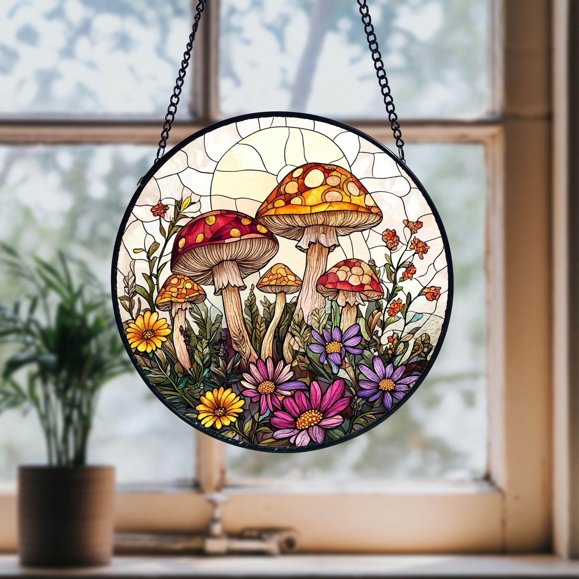Mushroom Stained Glass Suncatcher_ Sunset Window Hanging Art, Artistic Stained Glass Acrylic Panel, Window Light Catcher Hanging, Colorful Home Decor Accent, Handmade Gift for Any Occasion