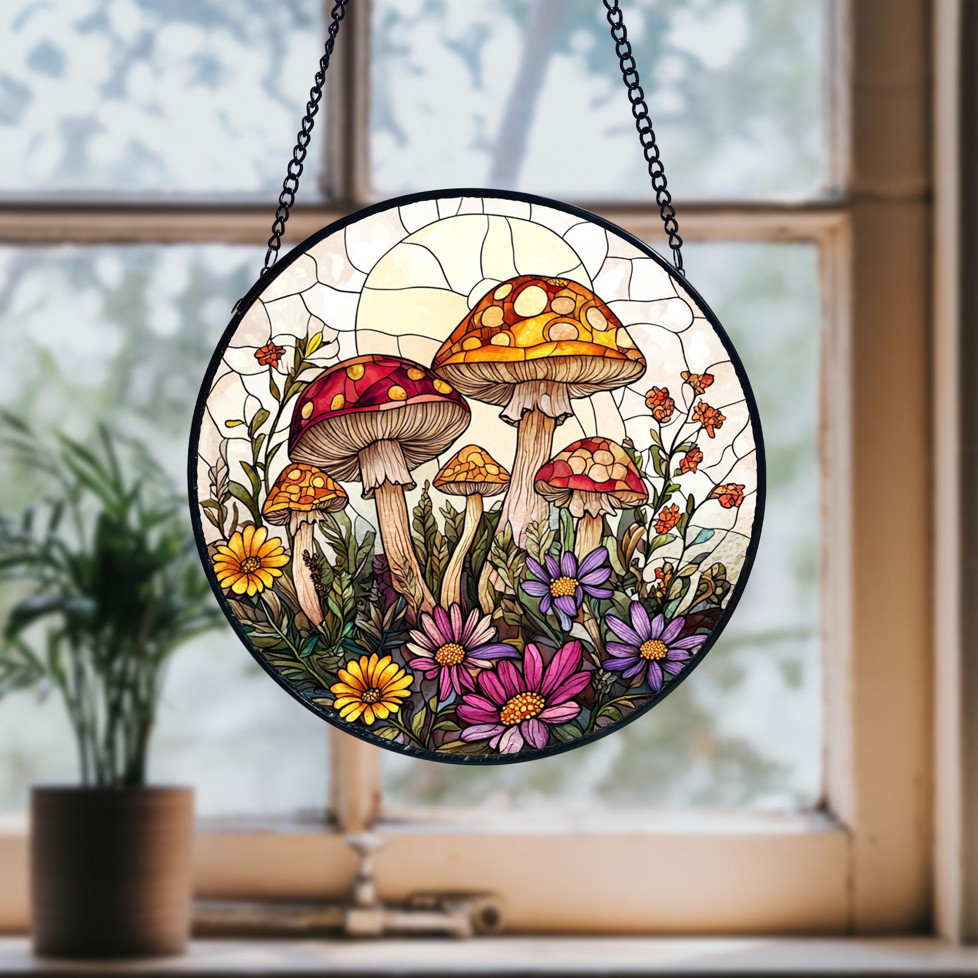 Mushroom Stained Glass Suncatcher_ Sunset Window Hanging Art, Artistic Stained Glass Acrylic Panel, Window Light Catcher Hanging, Colorful Home Decor Accent, Handmade Gift for Any Occasion