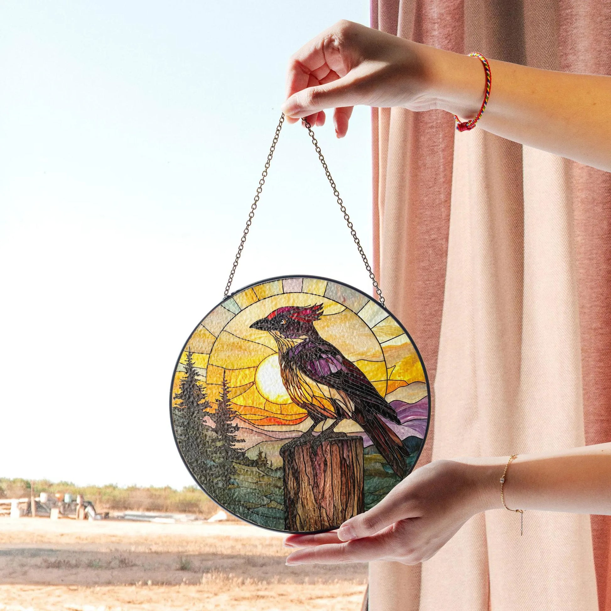 Sunset Bird Stained Glass Window Hanging - Vibrant Nature Art Decor, Acrylic Stained Glass Decoration, Handmade Window Suncatcher Ornament, Boho Light Catcher Gift