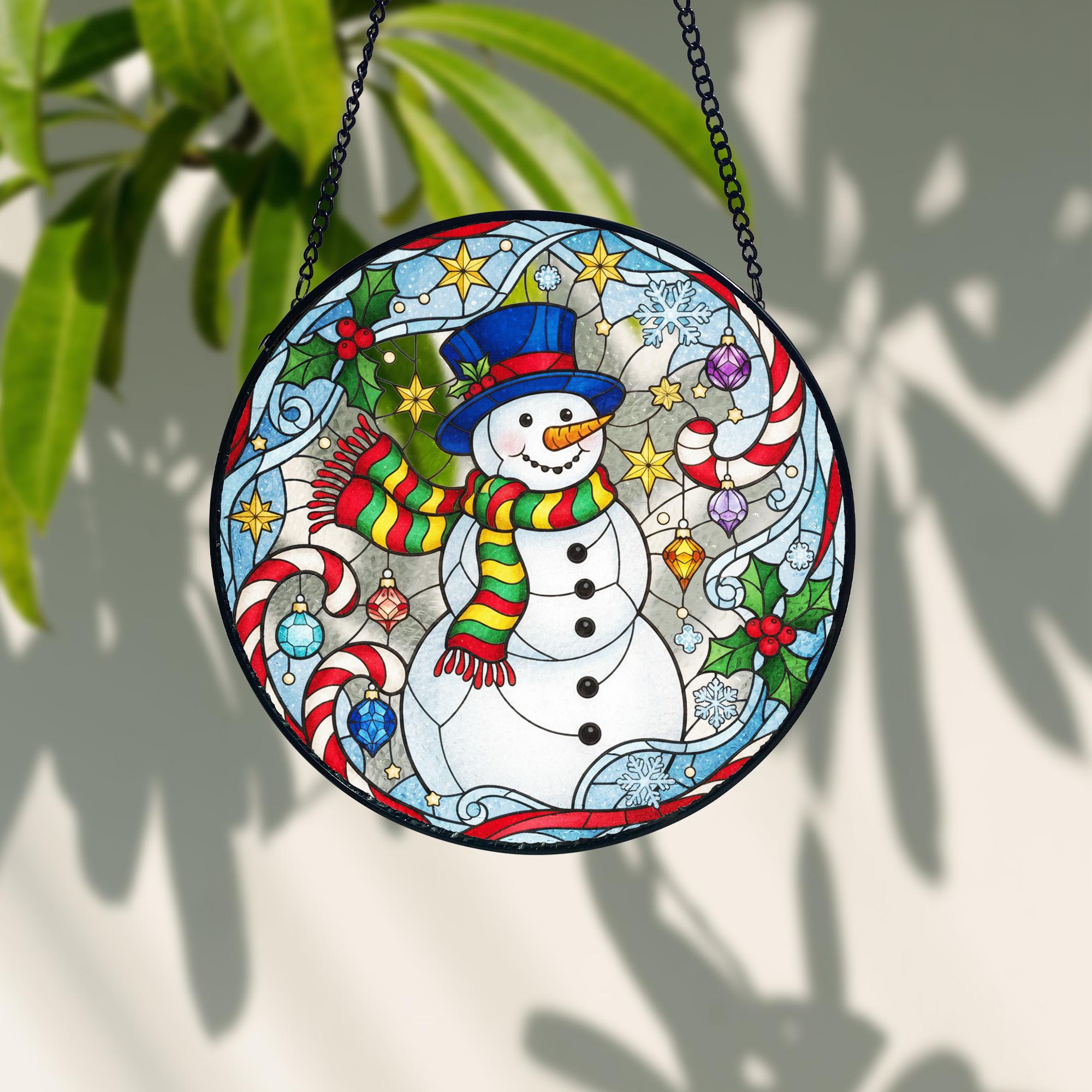 Snowman Christmas Suncatcher_ Stained Glass Style Holiday Window Hanging, Stained Glass Style Clover Suncatcher, Acrylic Window Hanging Decor, Four Leaf Lucky Ornament, Green Sun Catcher Panel, Unique Home Gift