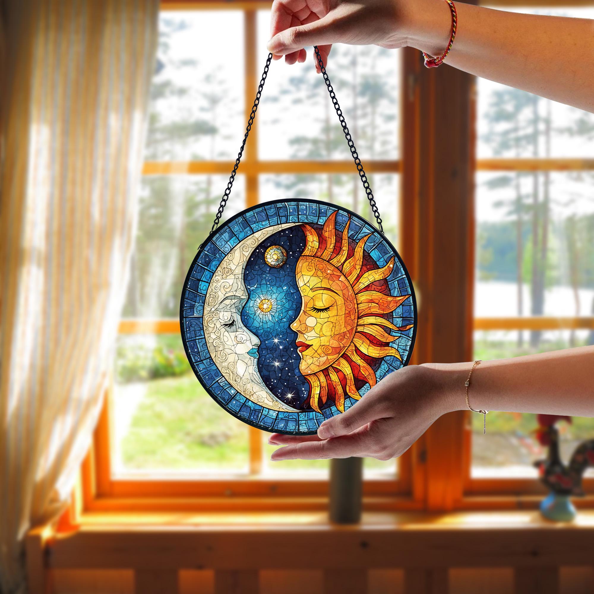 Handmade Stained Glass Sun and Moon Suncatcher_ Celestial Window Hanging, Stained Glass Acrylic Suncatcher, Vibrant Window Hanging Art, Colorful Light Catcher Decor, Boho Window Ornament, Unique Home Gift
