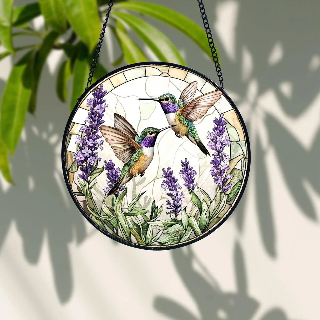 Handmade Stained Glass Suncatcher_ Hummingbirds and Lavender Decor, Handcrafted Stained Glass Suncatcher, Vibrant Window Art Panel, Sunlit Light Catcher Decoration, Boho Room Decor, Gift for Home Lovers
