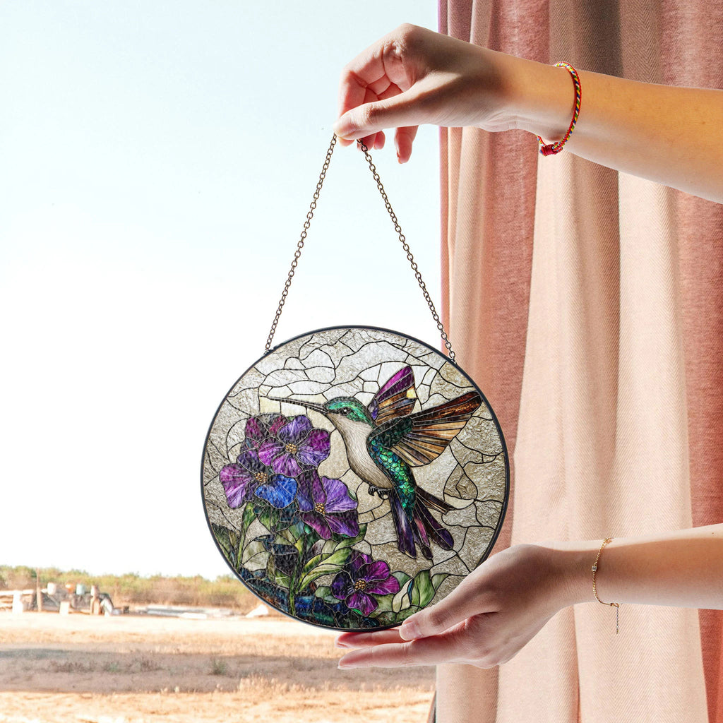 Hummingbird and Flowers Stained Glass Window Hanging - Vibrant Nature Suncatcher, Stained Glass Style Acrylic Window Ornament, Decorative Sun Catcher Hanging, Unique Home Decor