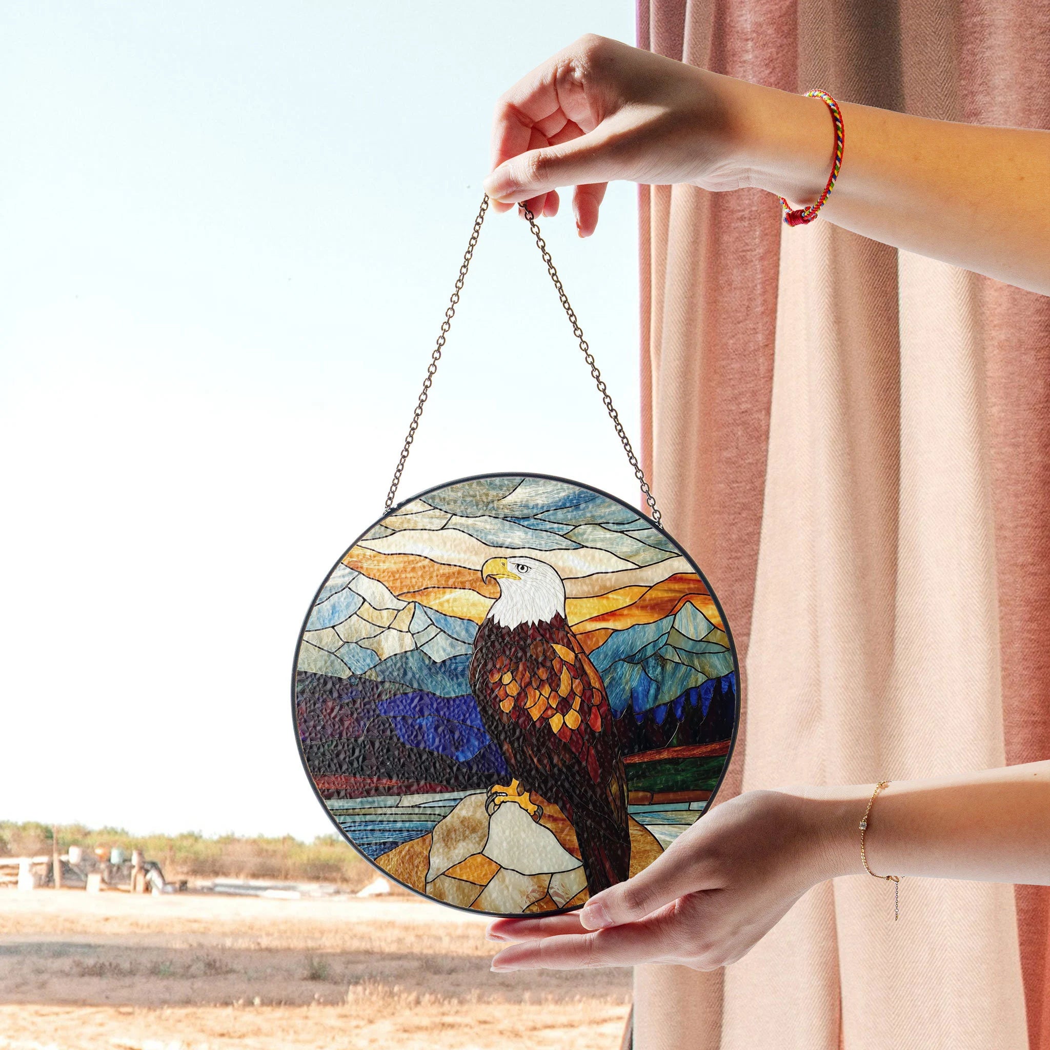 Bald Eagle Stained Glass Window Hanging - Majestic Mountain Scene Suncatcher , Colorful Acrylic Light Catcher, Stained Glass Effect Suncatcher, Handmade Window Decoration Gift
