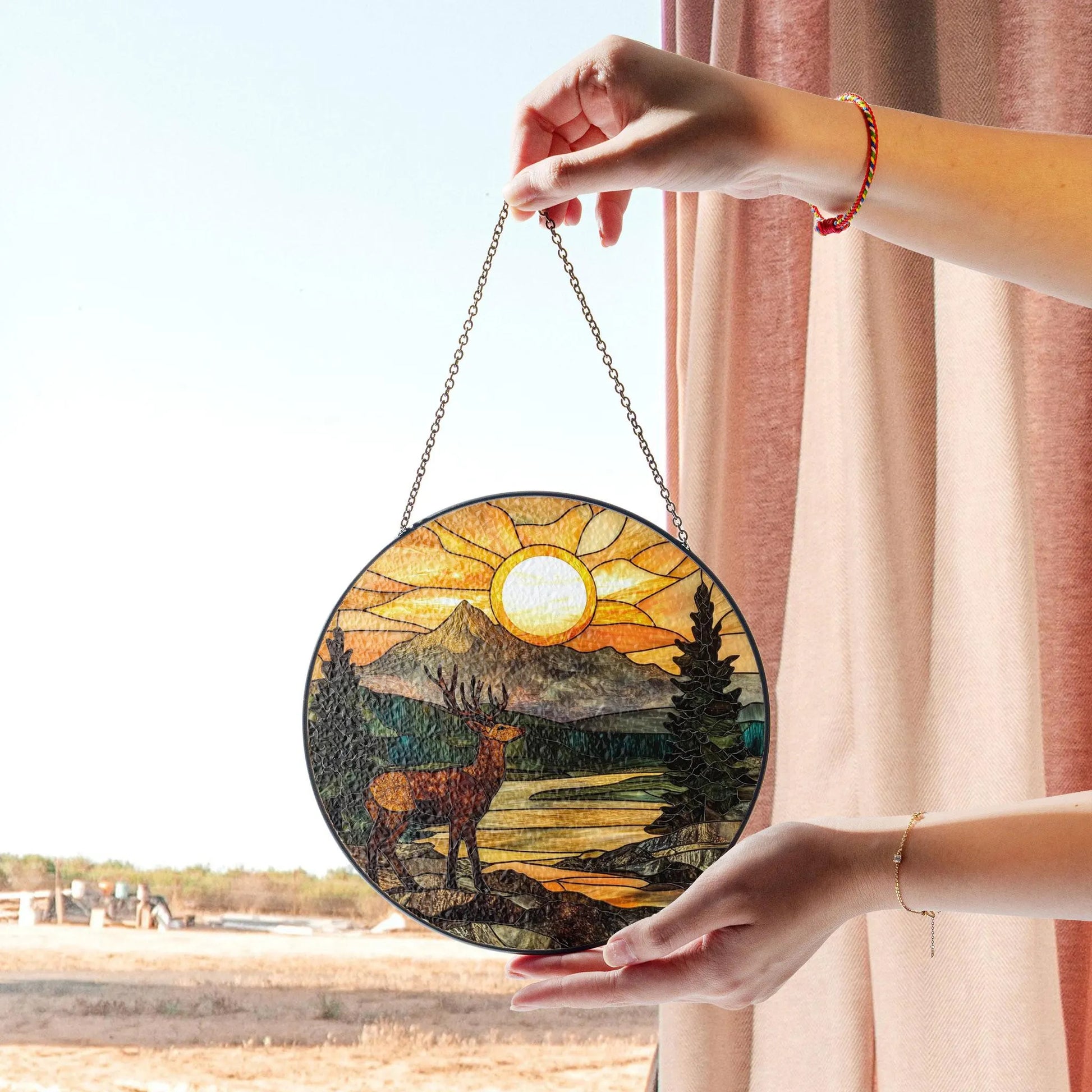 Deer Stained Glass Window Hanging - Serene Sunset Nature Art Decor, Stained Glass Effect Acrylic Suncatcher, Window Hanging Decoration, Colorful Sunlit Home Accent, Handmade Gift