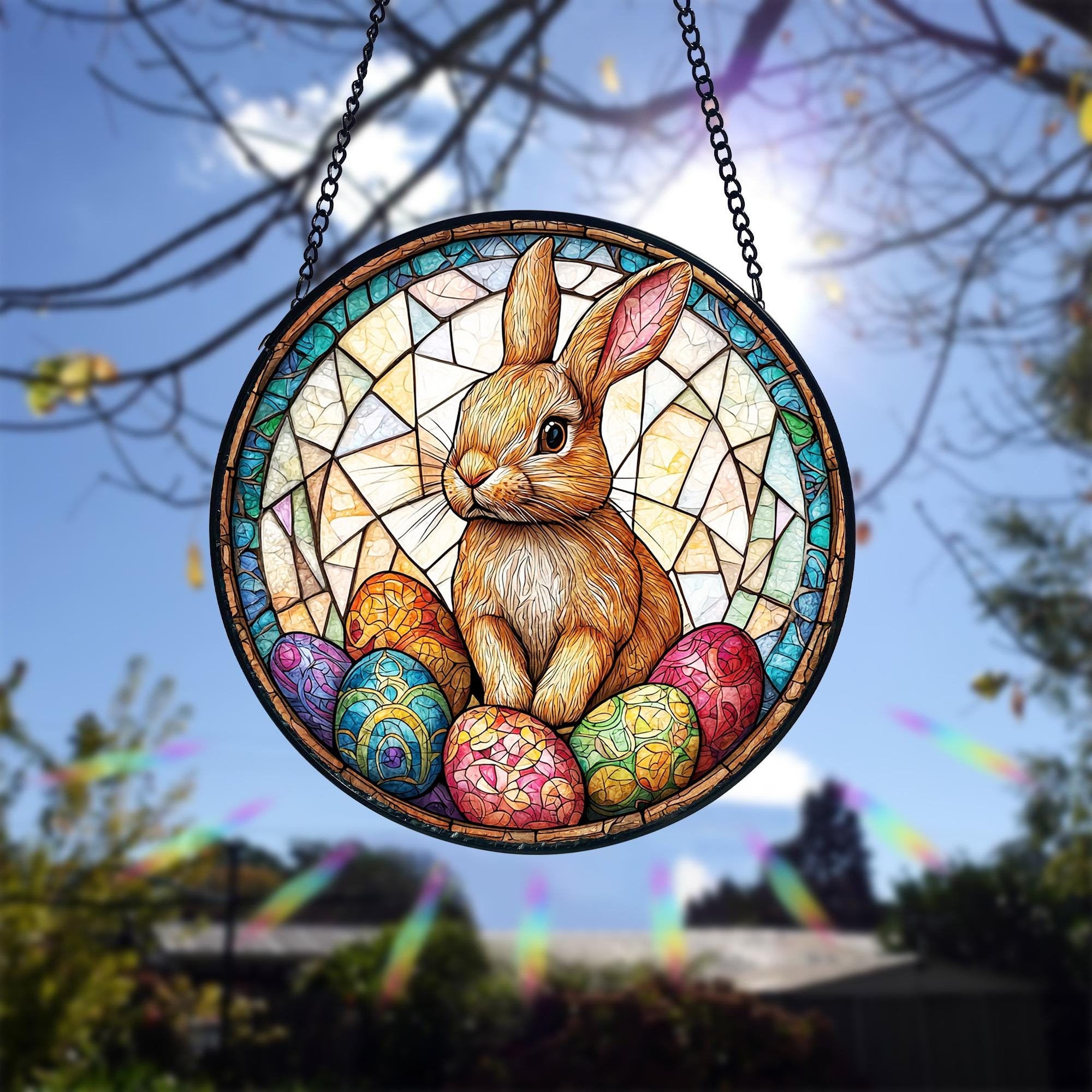Bunny Easter Stained Glass Suncatcher_ Rabbit Window Decor, Handmade Glass Art Decor, Colorful Sun Catcher Ornament, Boho Window Decoration, Unique Gift