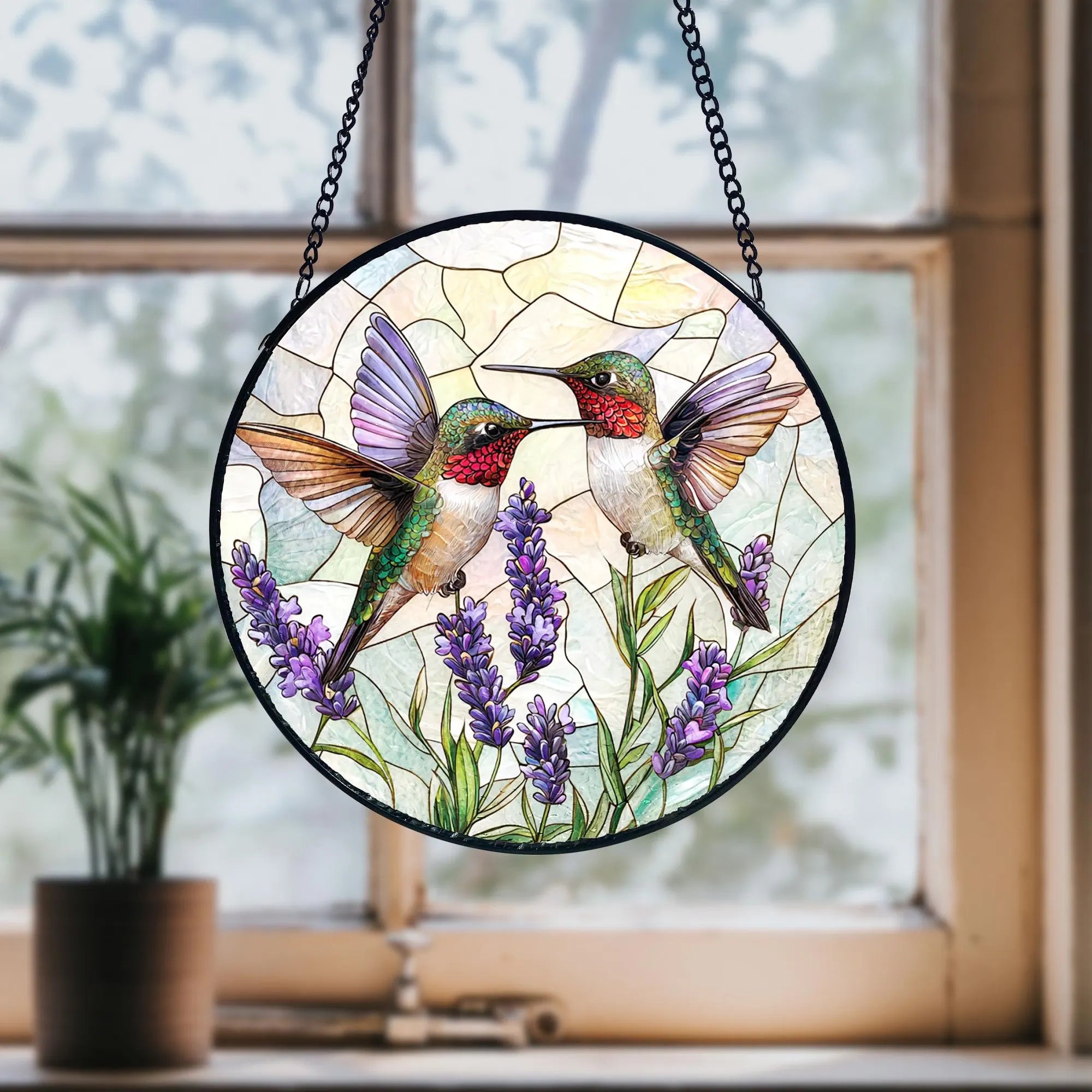 Hummingbird & Lavender Stained Glass Suncatcher_ Handmade Window Hanging, Acrylic Stained Glass Window Art, Handmade Sun Catcher Hanging Decor, Colorful Light Reflecting Panel, Unique Gift for Home