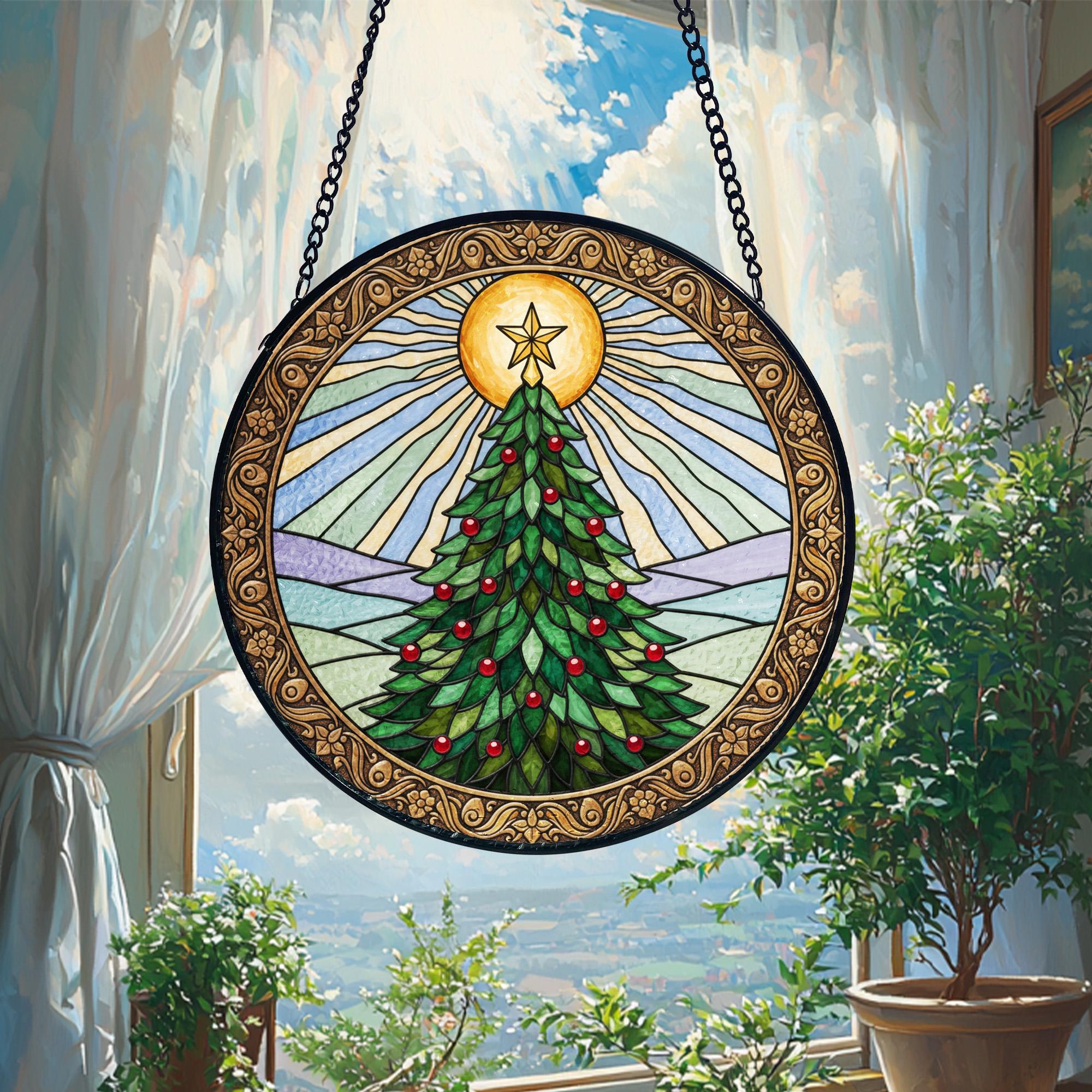 Golden Sun Christmas Tree Suncatcher, Stained Glass Style Window Hanging, Stained Glass Style Window Hanging Colorful Sun Catcher Ornament, Boho Window Decoration, Unique Gift