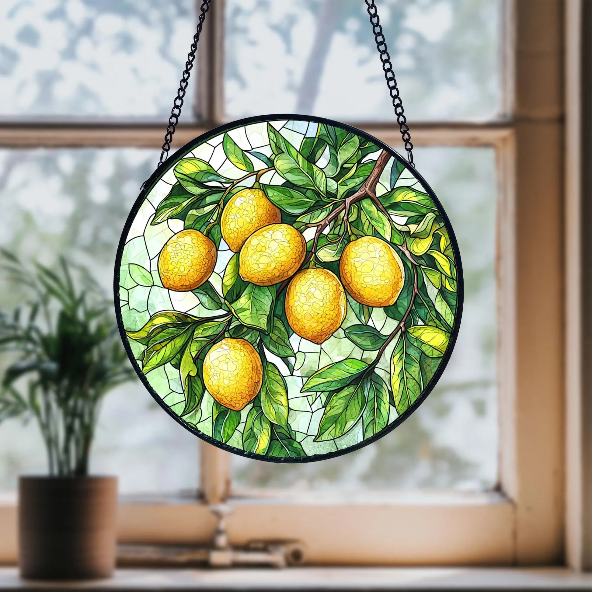 Lemon Branch Stained Glass Suncatcher_ Handmade Window Art, Acrylic Stained Glass Window Art, Handmade Sun Catcher Hanging Decor, Colorful Light Reflecting Panel, Unique Gift for Home
