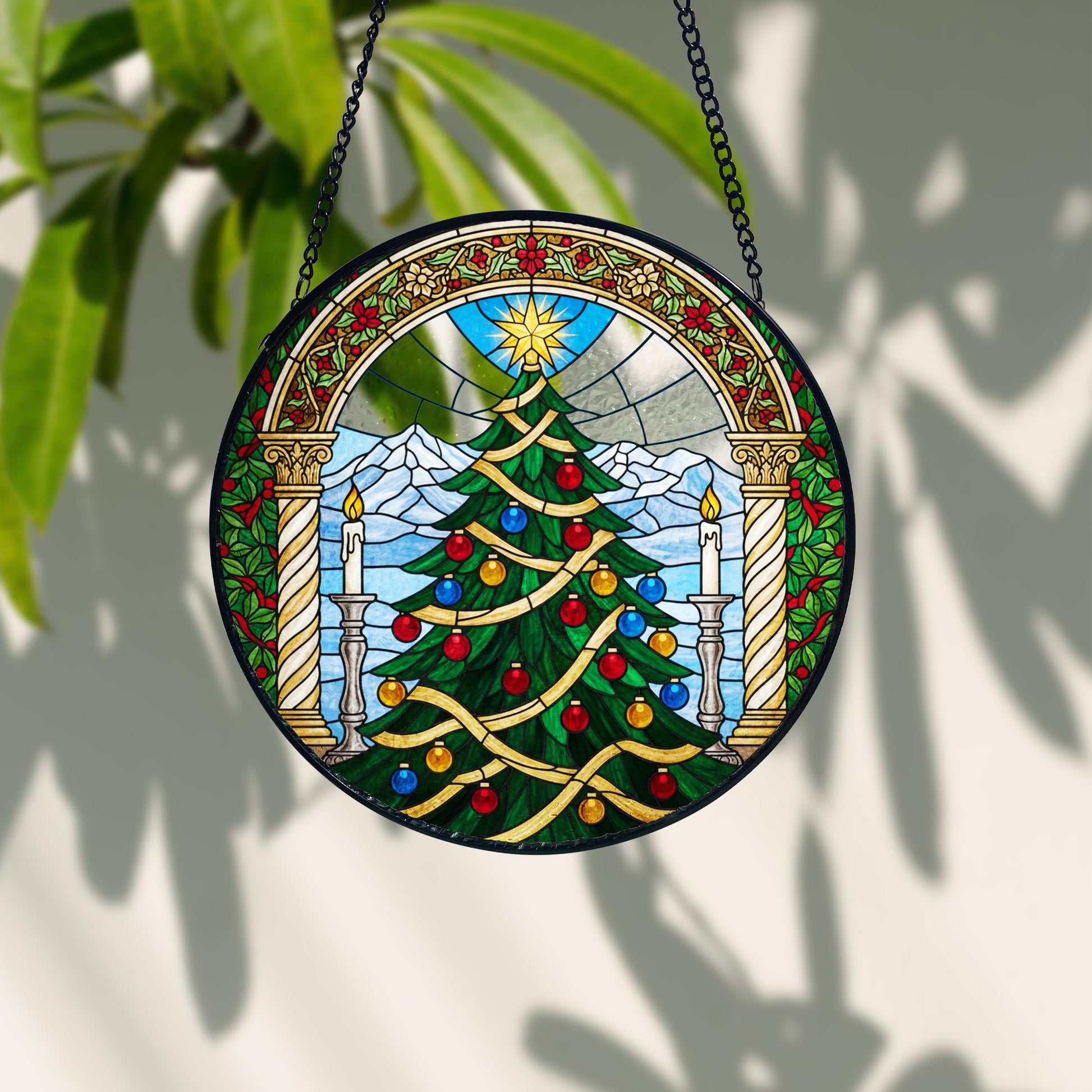 Cathedral Christmas Tree Suncatcher_ Stained Glass Style Holiday Window Hanging, Handmade Glass Art Decor, Colorful Sun Catcher Ornament, Boho Window Decoration, Unique Gift