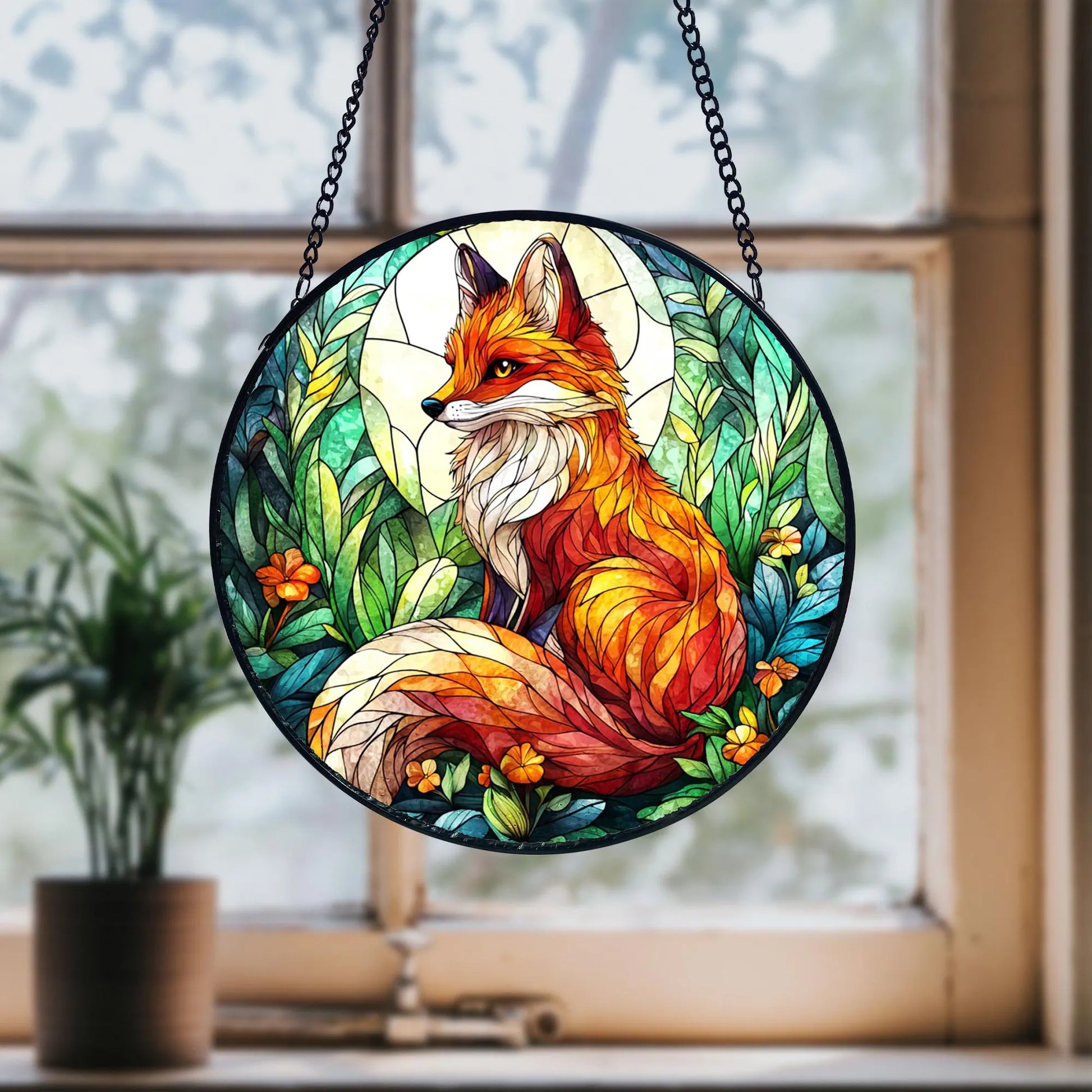 Fox Stained Glass Suncatcher_ Woodland Window Hanging Decor, Colorful Sun Catcher Ornament, Boho Window Decoration, Unique Gift