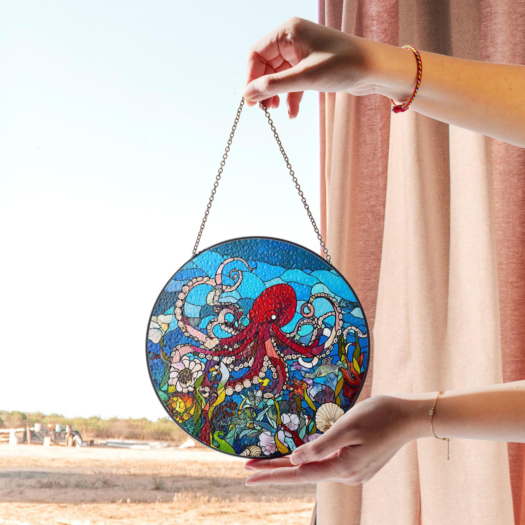Stained Glass Octopus Suncatcher - Ocean Decor, Stained Glass Inspired Suncatcher, Acrylic Window Hanging Art, Colorful Light Catcher, Handmade Gift for Home