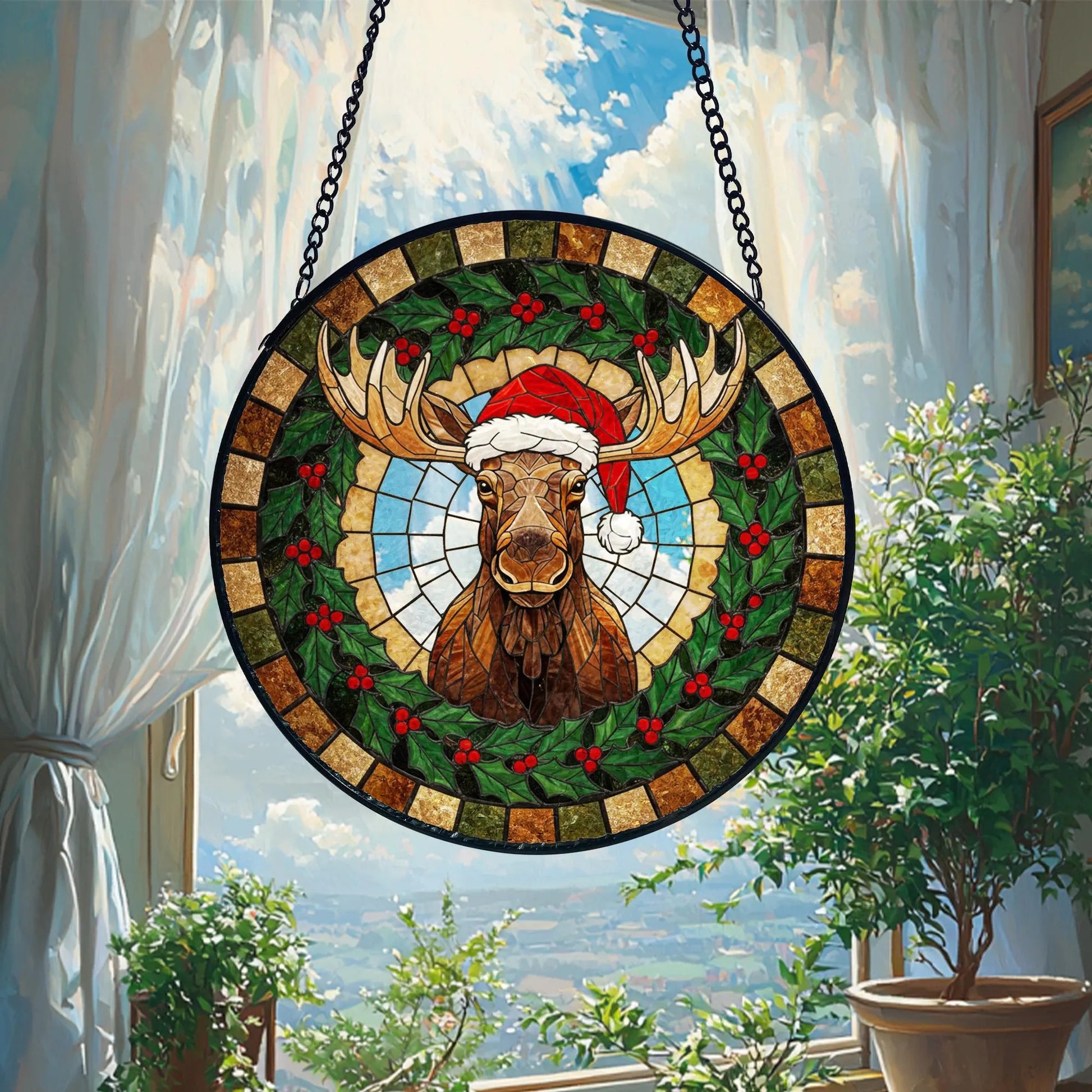 Christmas Moose Stained Glass Suncatcher_ Rustic Holiday Window, Colorful Sun Catcher Ornament, Boho Window Decoration, Unique Gift