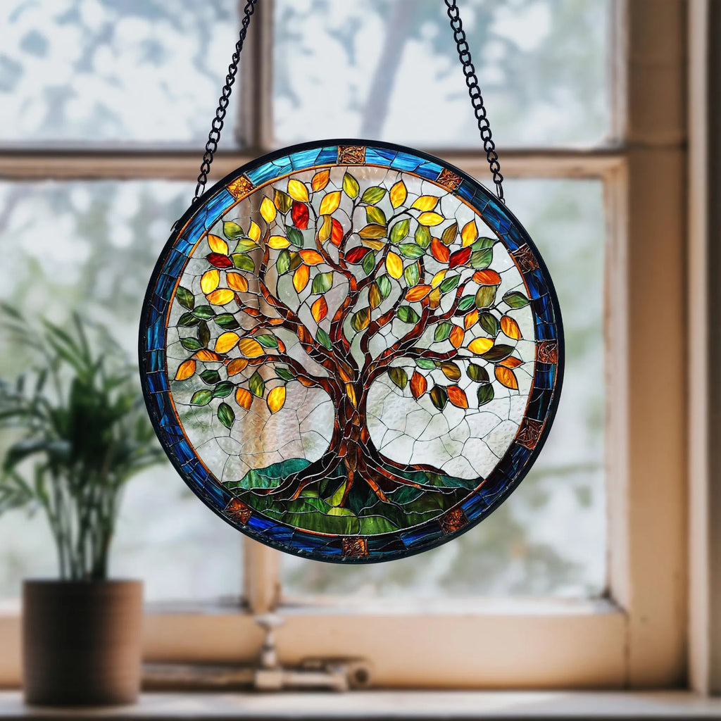 Stained Glass Tree of Life Suncatcher_ Handmade Window Hanging Decor, Acrylic Stained Glass Clover Suncatcher, Lucky Window Hanging, Boho Green Ornament, Unique Artisan Home Decor