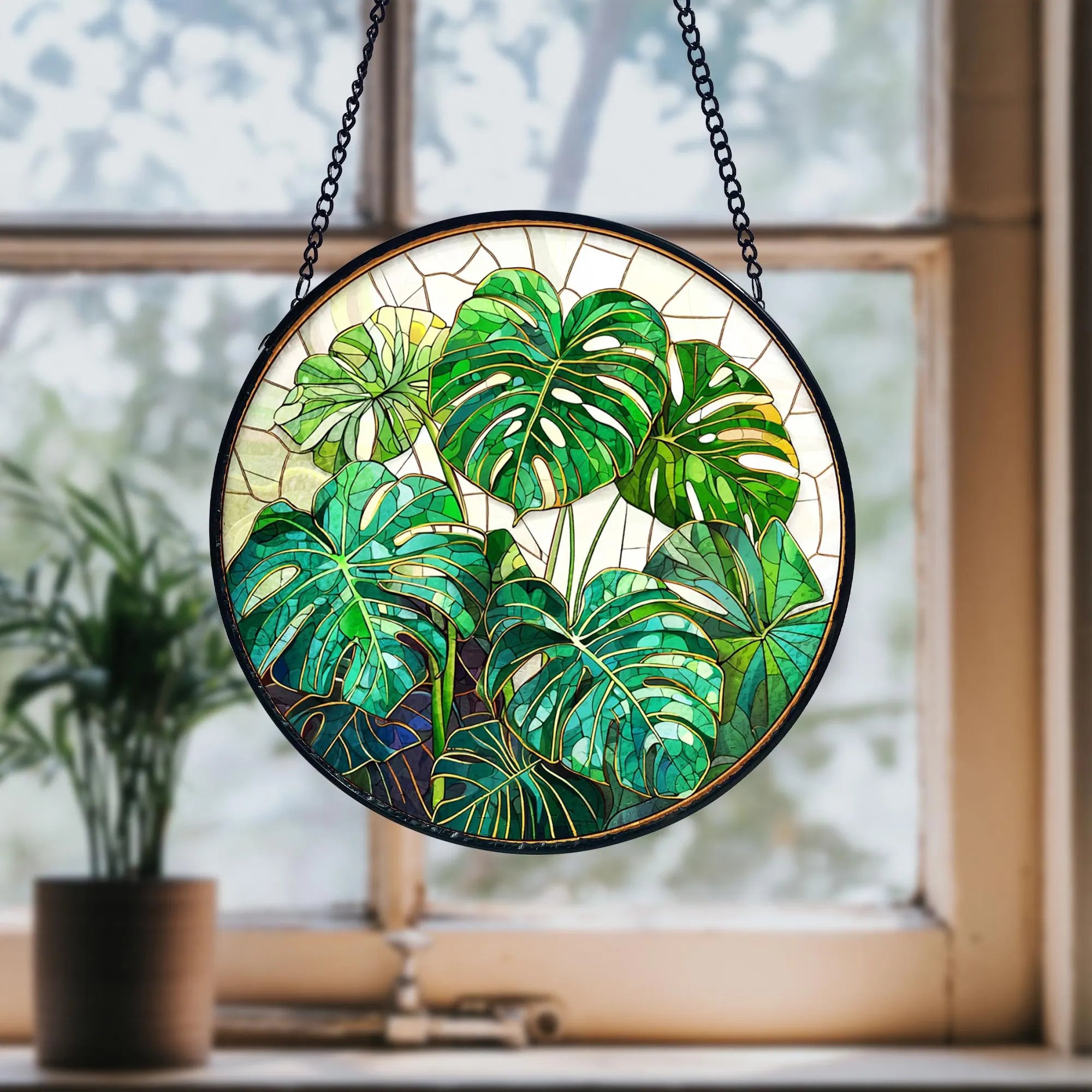 Handmade Monstera Stained Glass Suncatcher_ Botanical Window Decor, Stained Glass Acrylic Suncatcher, Vibrant Window Hanging Art, Colorful Light Catcher Decor, Boho Window Ornament, Unique Home Gift