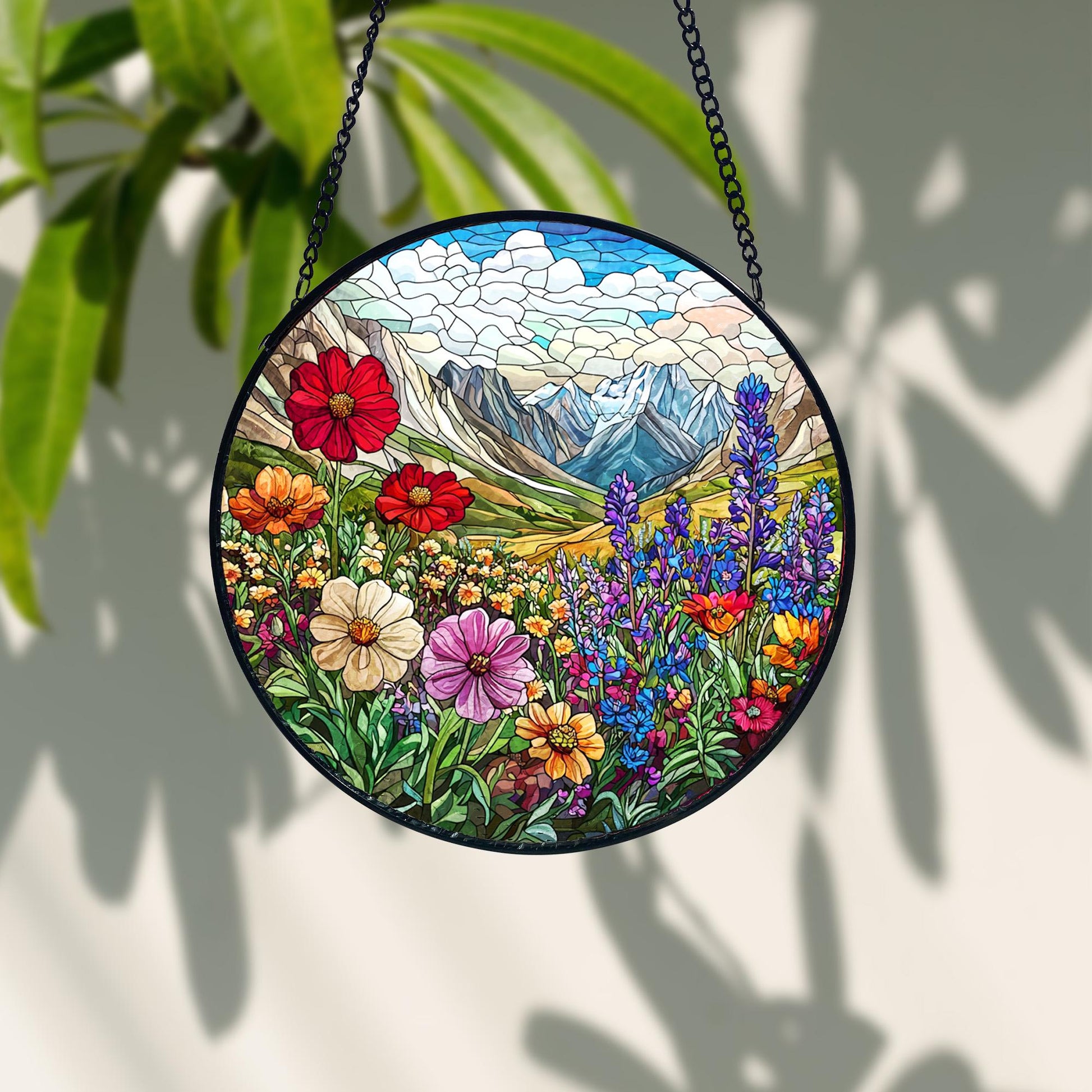 Handmade Stained Glass Wildflower Suncatcher_ Mountain Meadow Window Art, Handcrafted Stained Glass Suncatcher, Vibrant Window Art Panel, Sunlit Light Catcher Decoration, Boho Room Decor, Gift for Home Lovers