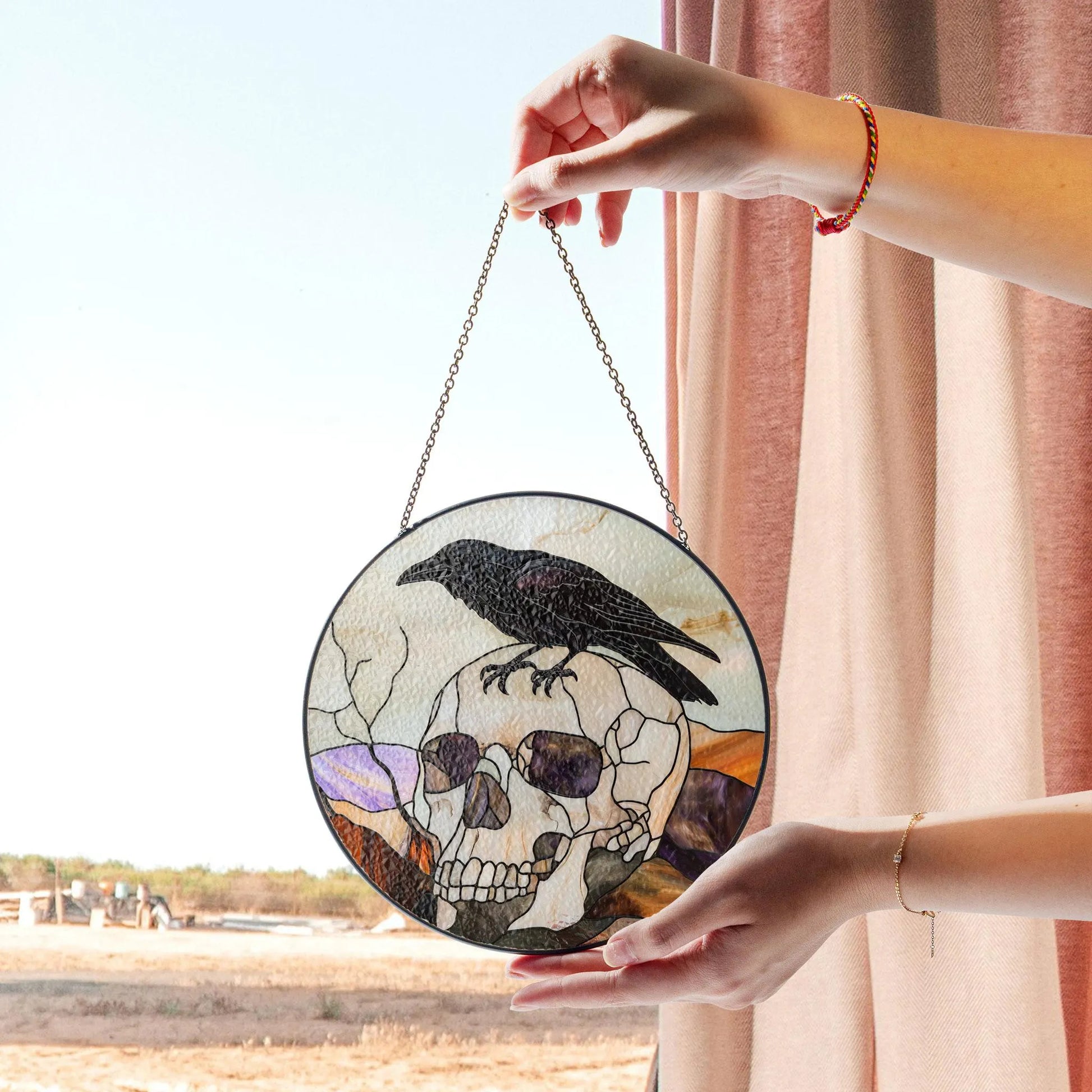 Raven on Skull Stained Glass - Gothic Home Decor, Acrylic Boho Window Suncatcher, Stained Glass Look Panel, Artistic Light Catcher, Handmade Home Accent