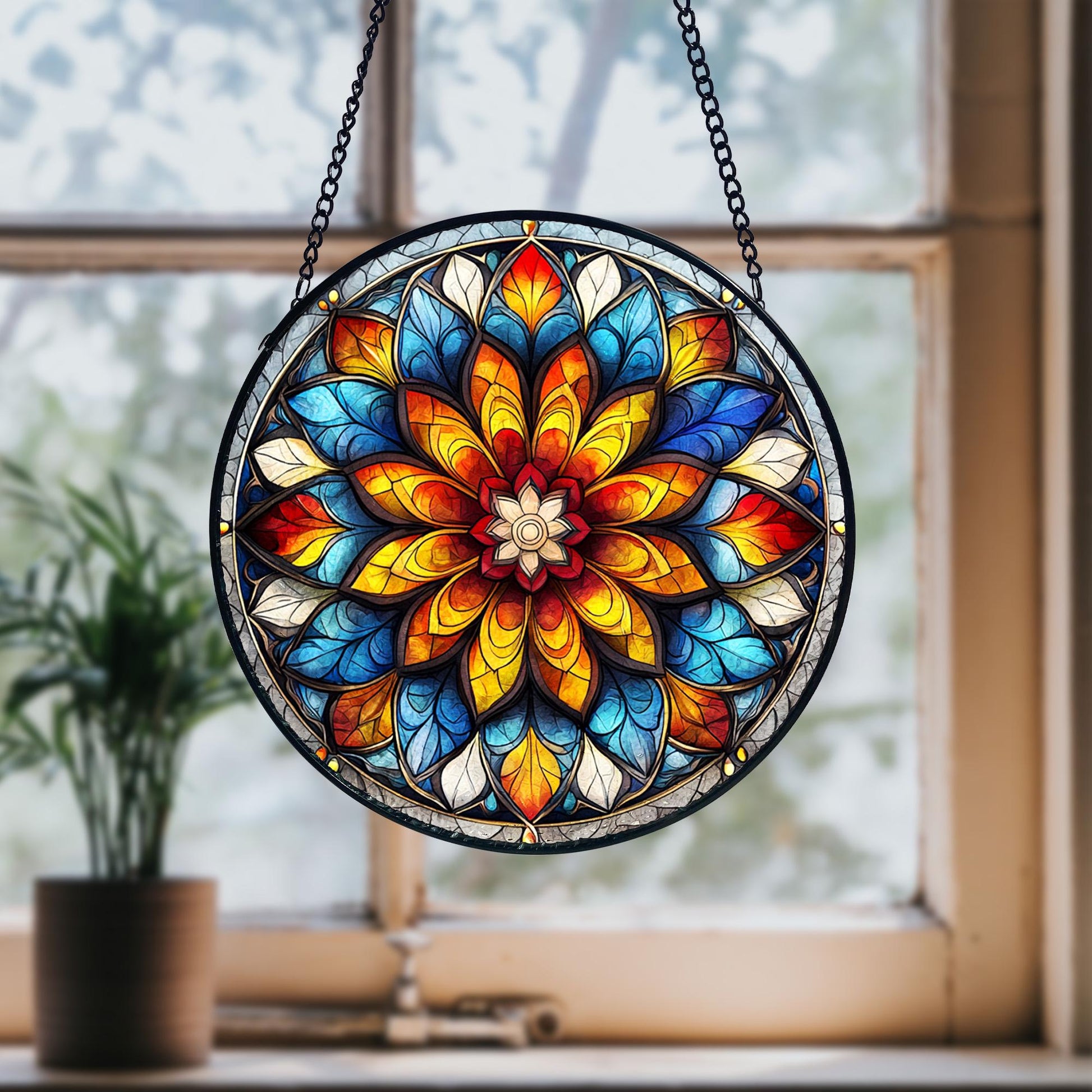 Handmade Mandala Suncatcher_ Painted Stained Glass Window Decor, Stained Glass Acrylic Suncatcher, Vibrant Window Hanging Art, Colorful Light Catcher Decor, Boho Window Ornament, Unique Home Gift