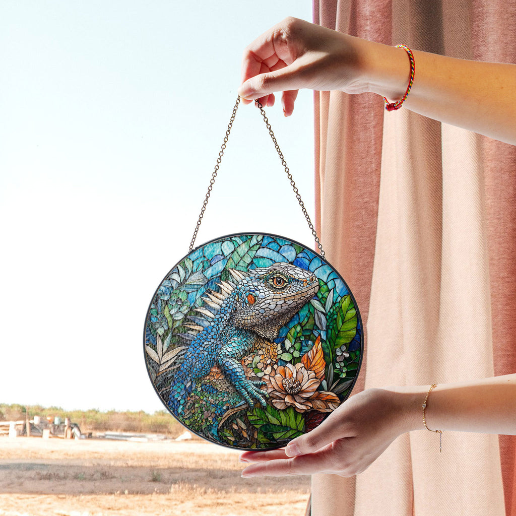 Iguana Stained Glass Window Hanging - Tropical Reptile Suncatcher, Acrylic Stained Glass Style Sun Catcher, Handmade Decorative Window Hanging, Vibrant Home Ornament, Stained Glass Window Art, Sunlit Home Accent Gift
