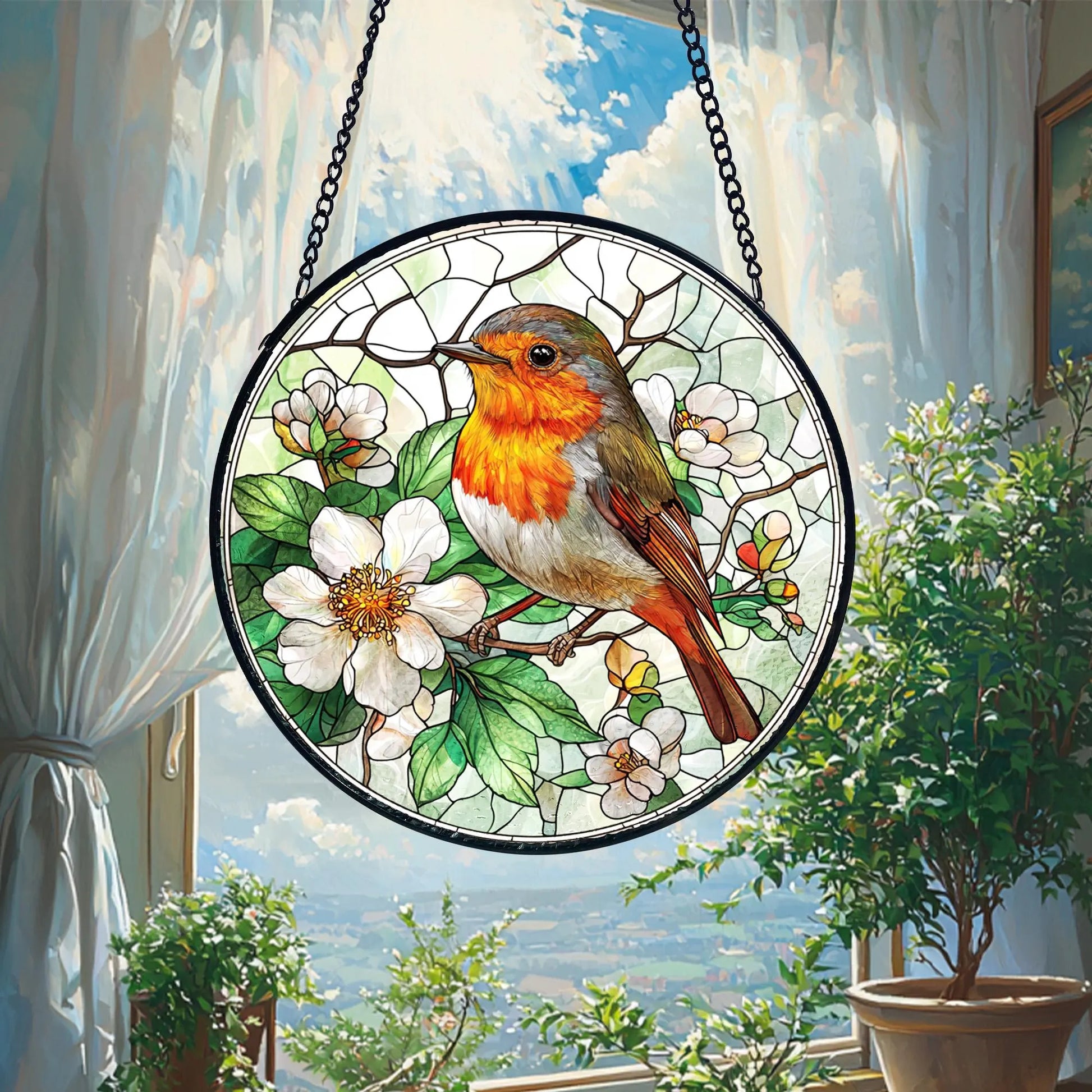 Robin Bird Stained Glass Suncatcher_ Window Hanging Decor, Artistic Stained Glass Acrylic Panel, Window Light Catcher Hanging, Colorful Home Decor Accent, Handmade Gift for Any Occasion