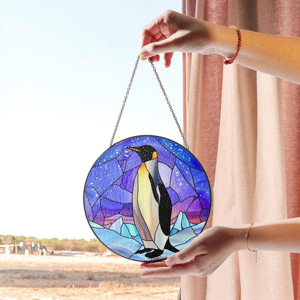 Majestic Penguin Stained Glass Panel - Winter Wonderland Scene for Animal Lovers and Unique Home Decor, Acrylic Stained Glass Inspired Suncatcher, Decorative Window Hanging, Artistic Home Decoration
