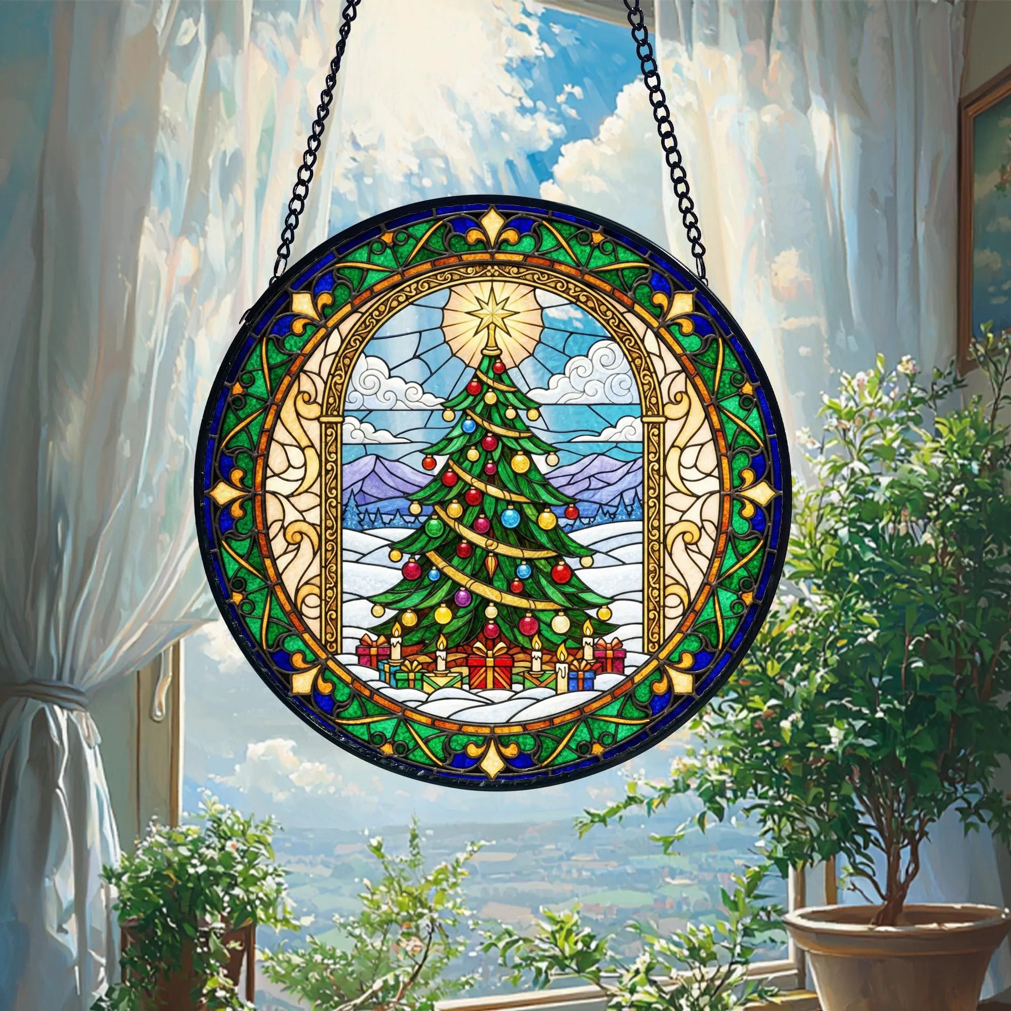 Stained Glass Christmas Tree Suncatcher_ Cathedral Window Holiday Decor, Stained Glass Style Clover Suncatcher, Acrylic Window Hanging Decor, Four Leaf Lucky Ornament, Green Sun Catcher Panel, Unique Home Gift