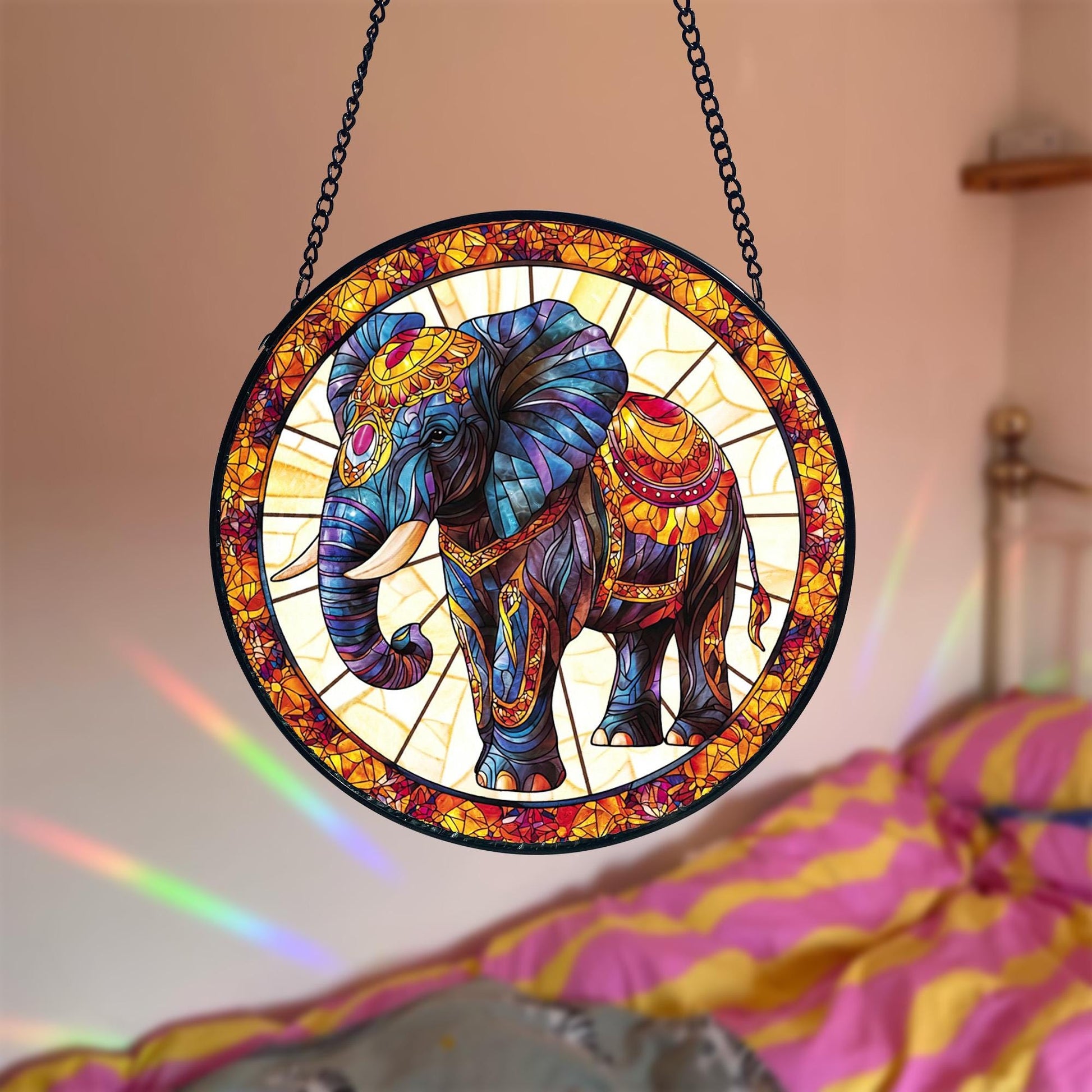Handcrafted Elephant Stained Glass Suncatcher_ Window Hanging Decor, Stained Glass Style Window Hanging Colorful Sun Catcher Ornament, Boho Window Decoration, Unique Gift