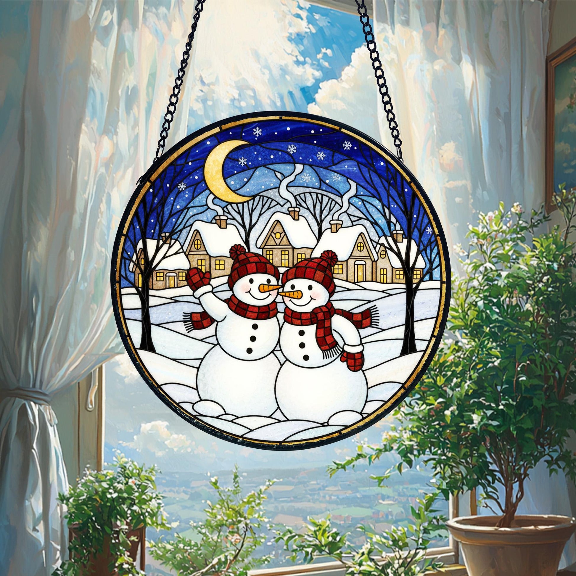 Snowman Couple Suncatcher_ Stained Glass Winter Window Decor, Stained Glass Style Clover Window Suncatcher, Acrylic Lucky Hanging Decor, Four Leaf Sun Catcher, Green Home Ornament