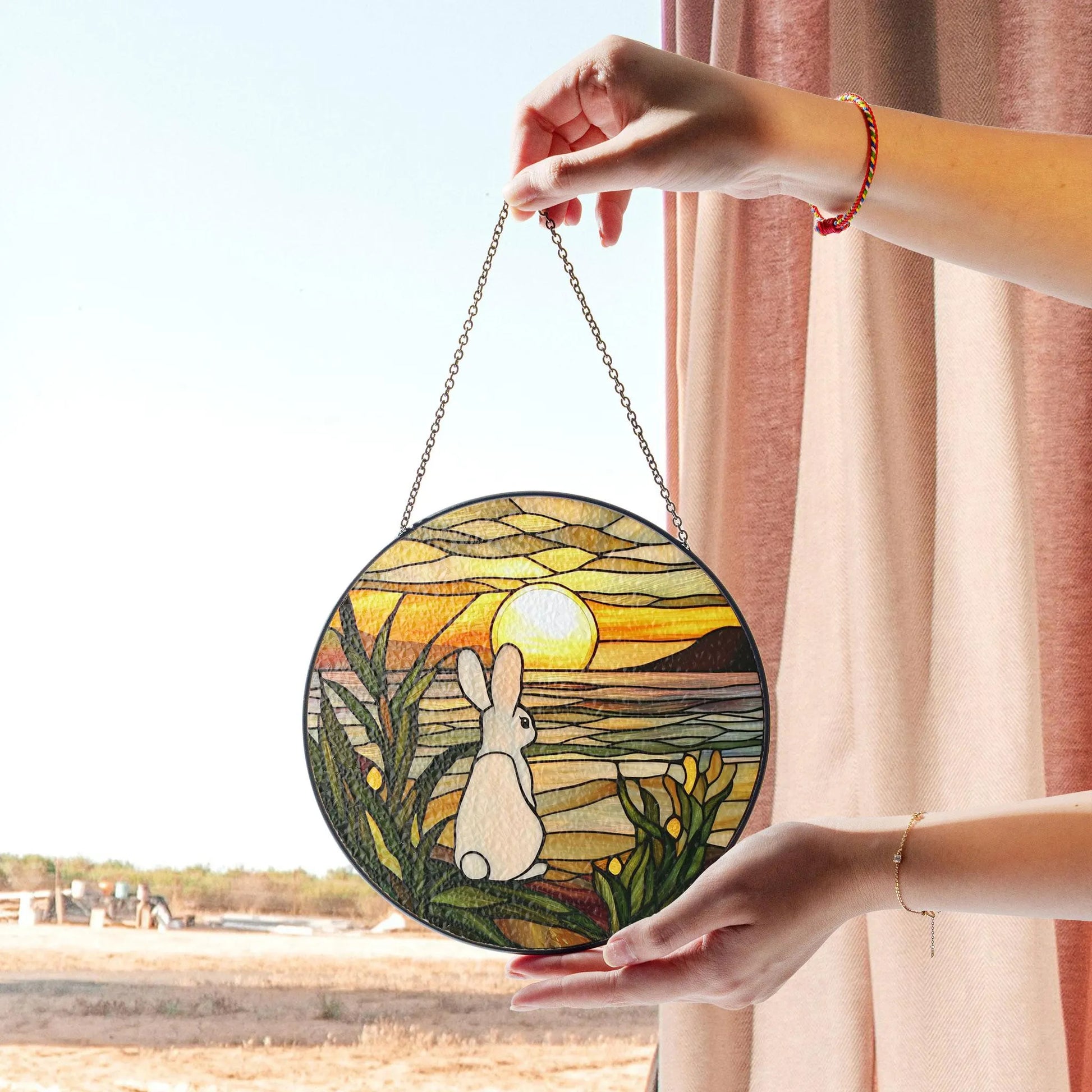 Bunny Sunset Stained Glass Window Hanging - Nature-inspired Art Decor, Stained Glass Effect Acrylic Suncatcher, Window Hanging Decoration, Colorful Sunlit Home Accent, Handmade Gift
