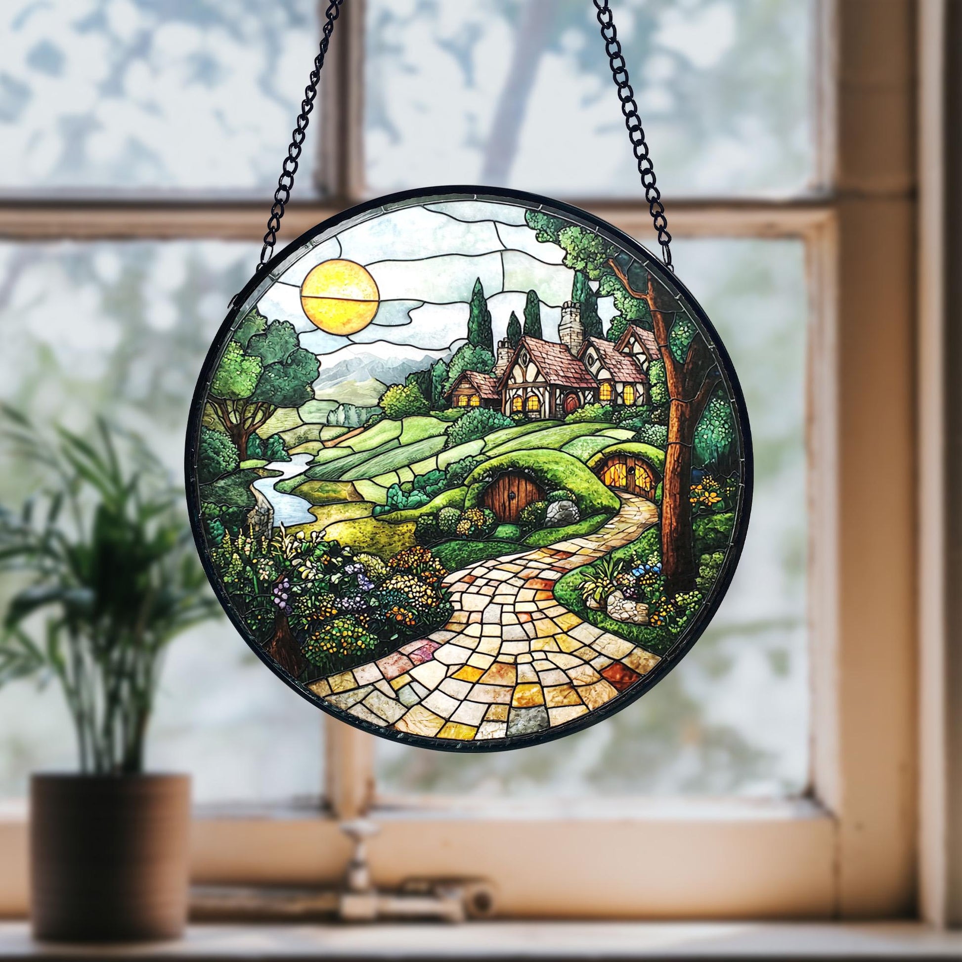 Handmade Shire Stained Glass Suncatcher_ Fantasy Home Decor, Handcrafted Stained Glass Suncatcher, Vibrant Window Art Panel, Sunlit Light Catcher Decoration, Boho Room Decor, Gift for Home Lovers
