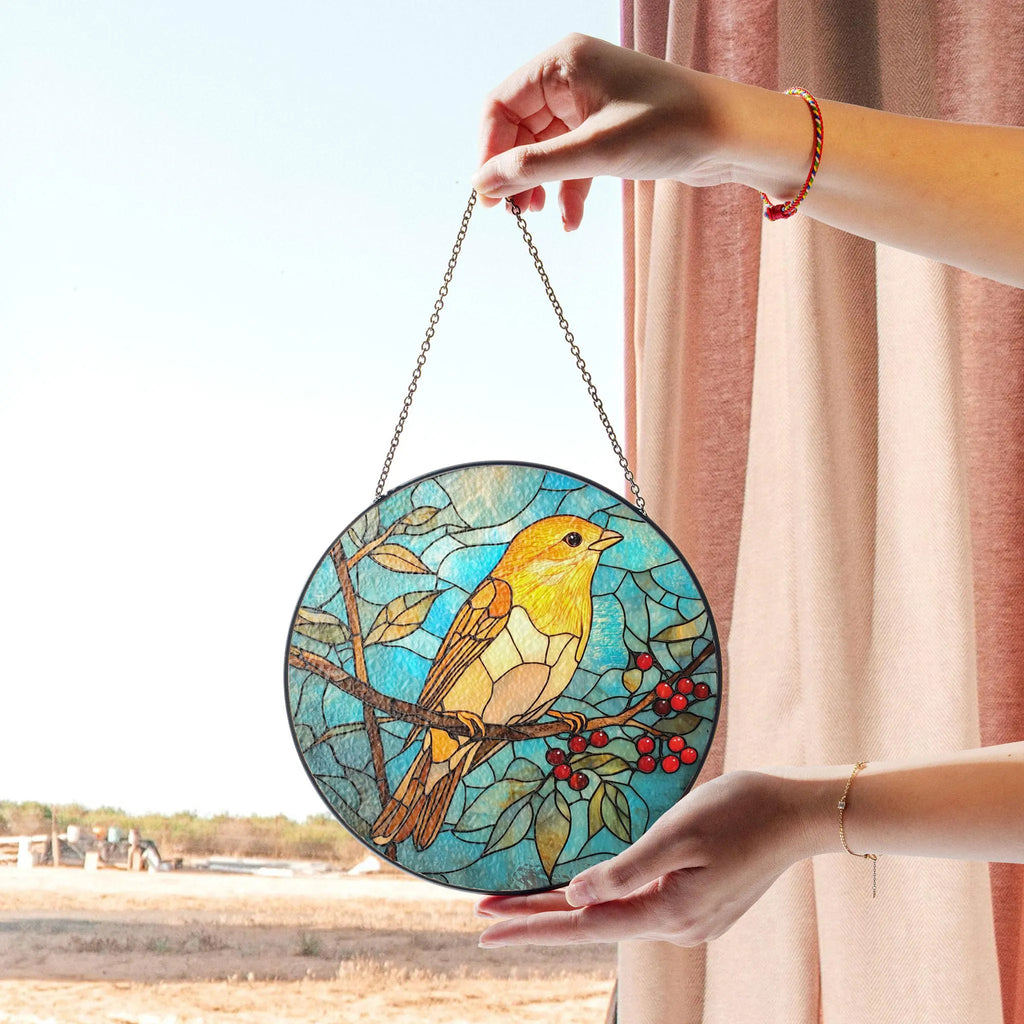 Stained Glass Yellow Bird Panel - Bright Bird With Berries and Blue Sky, Stained Glass Style Acrylic Window Ornament, Decorative Sun Catcher Hanging, Unique Home Decor