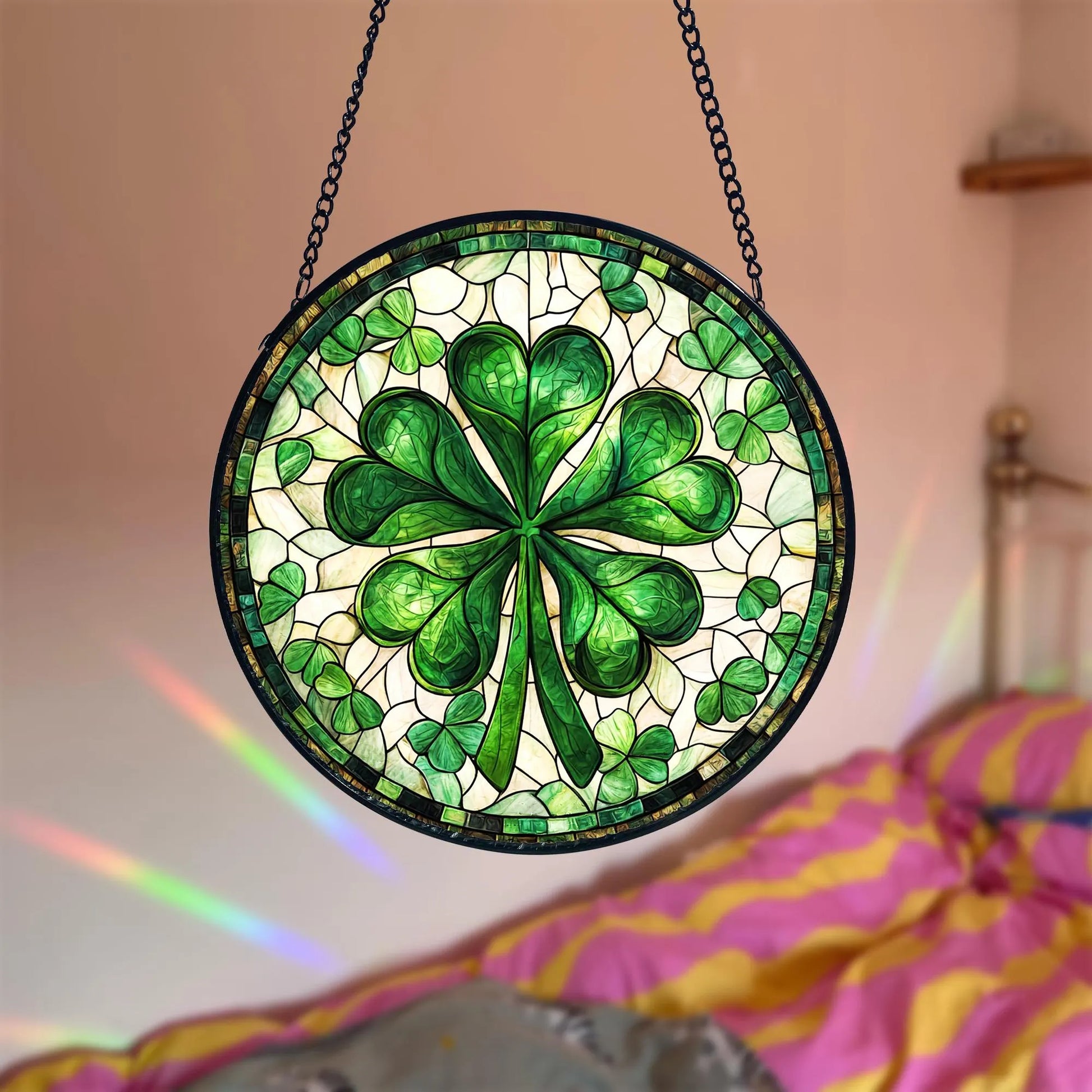 Shamrock Stained Glass Suncatcher_ Irish Window Ornament, Artistic Stained Glass Acrylic Panel, Window Light Catcher Hanging, Colorful Home Decor Accent, Handmade Gift for Any Occasion