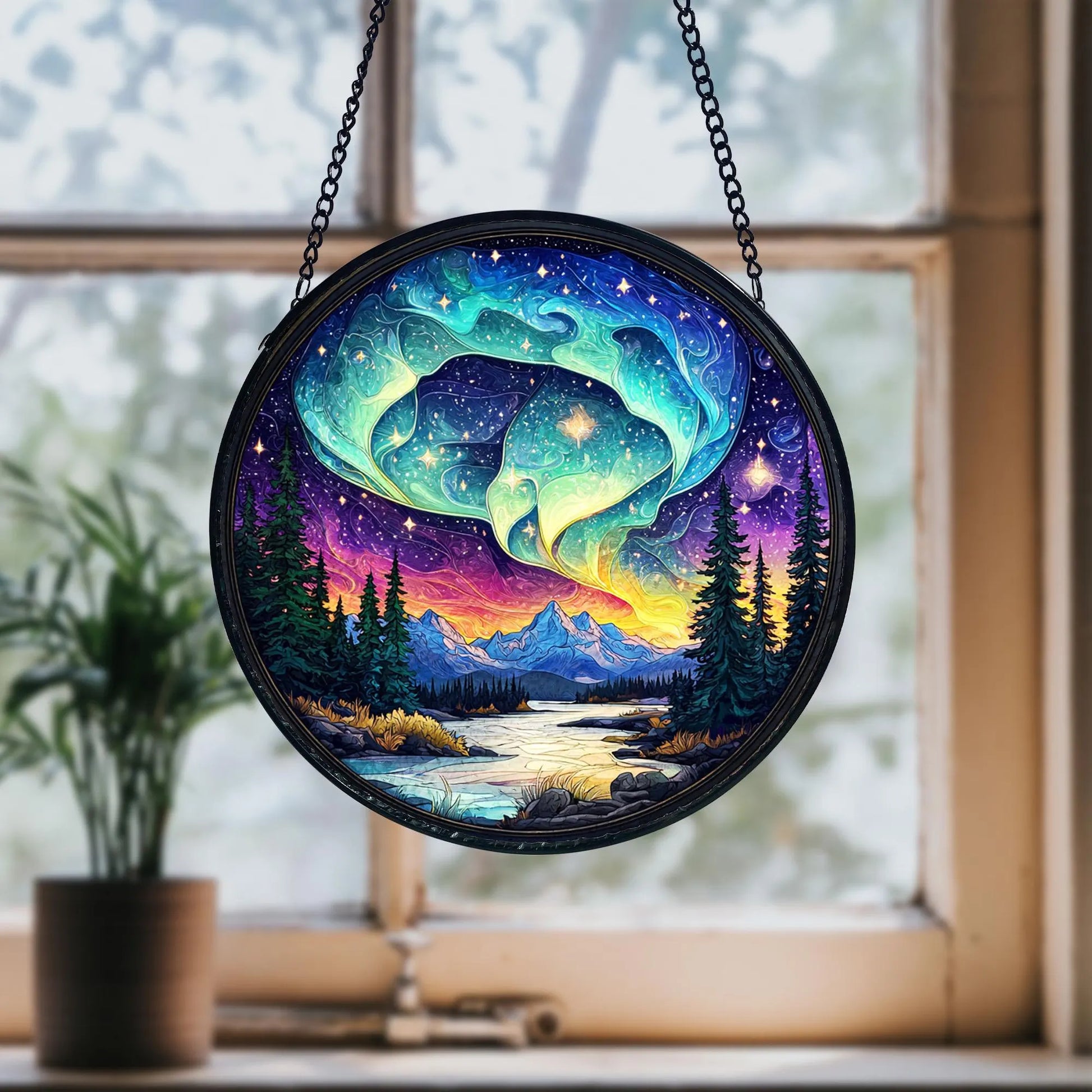 Handmade Aurora Borealis Stained Glass Suncatcher_ Northern Lights Decor, Boho Window Decoration, Unique Gift