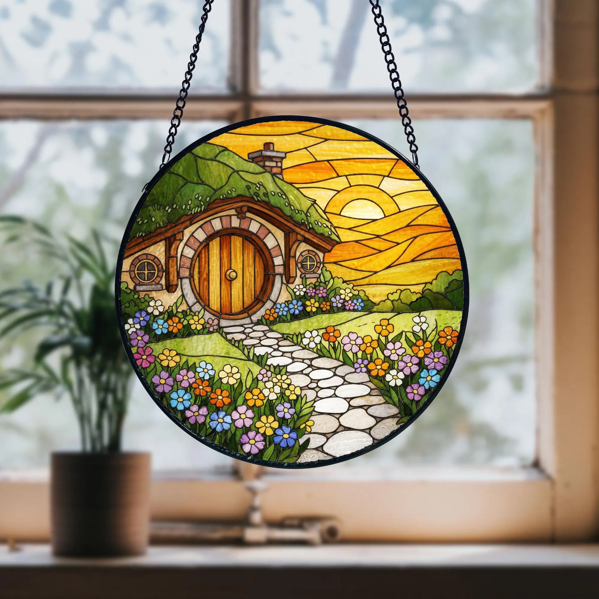 Husky Christmas Suncatcher_ Santa Hat Dog Stained Glass Ornament, Acrylic Stained Glass Window Art, Handmade Sun Catcher Hanging Decor, Colorful Light Reflecting Panel, Unique Gift for Home