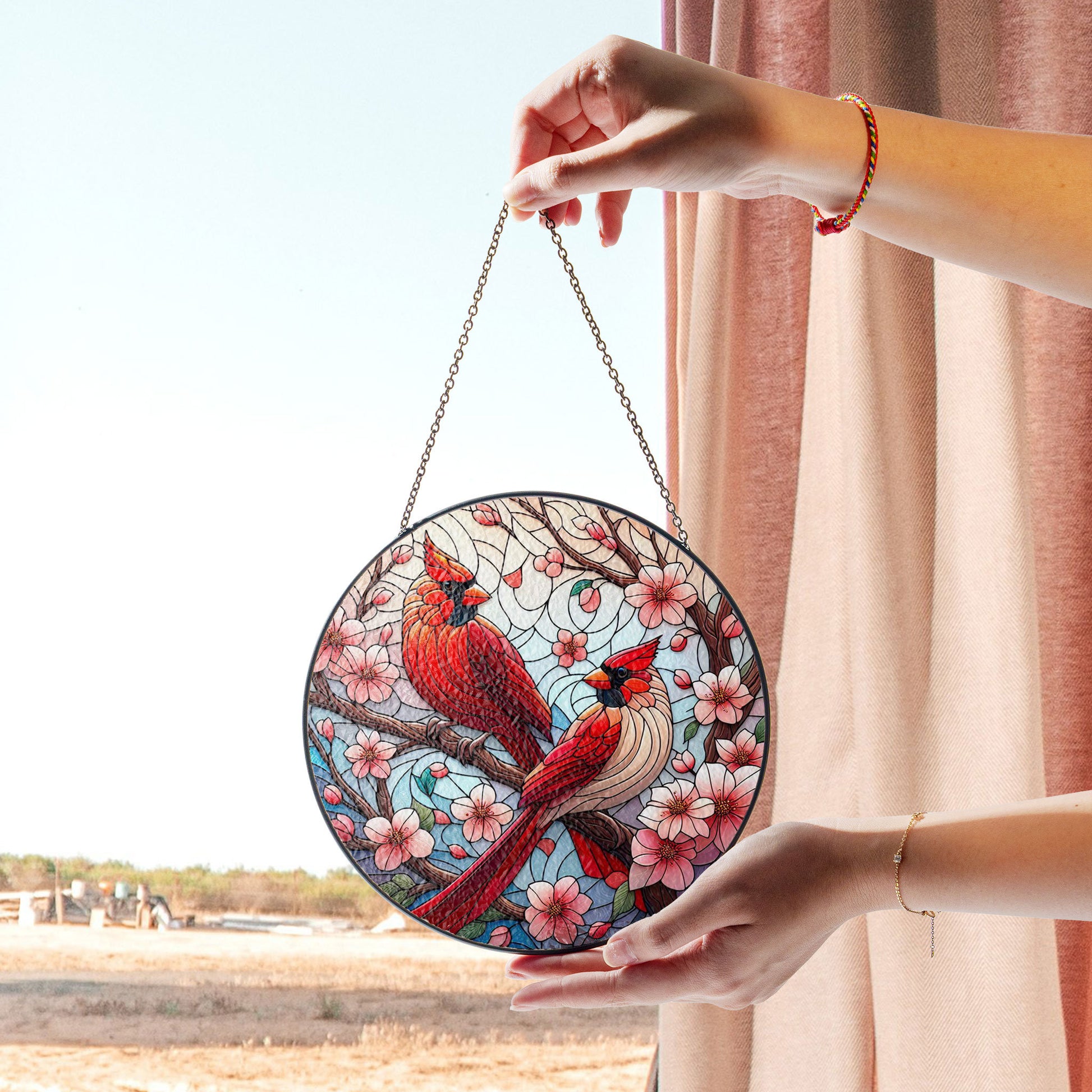 Cardinal Stained Glass Suncatcher, Vibrant Spring Decor, Bird Lover Window Hanging, Flower and Bird Theme, Perfect Gift for Mom , Vibrant Acrylic Sun Catcher Hanging, Stained Glass Look Window Decor, Decorative Home Accent Gift