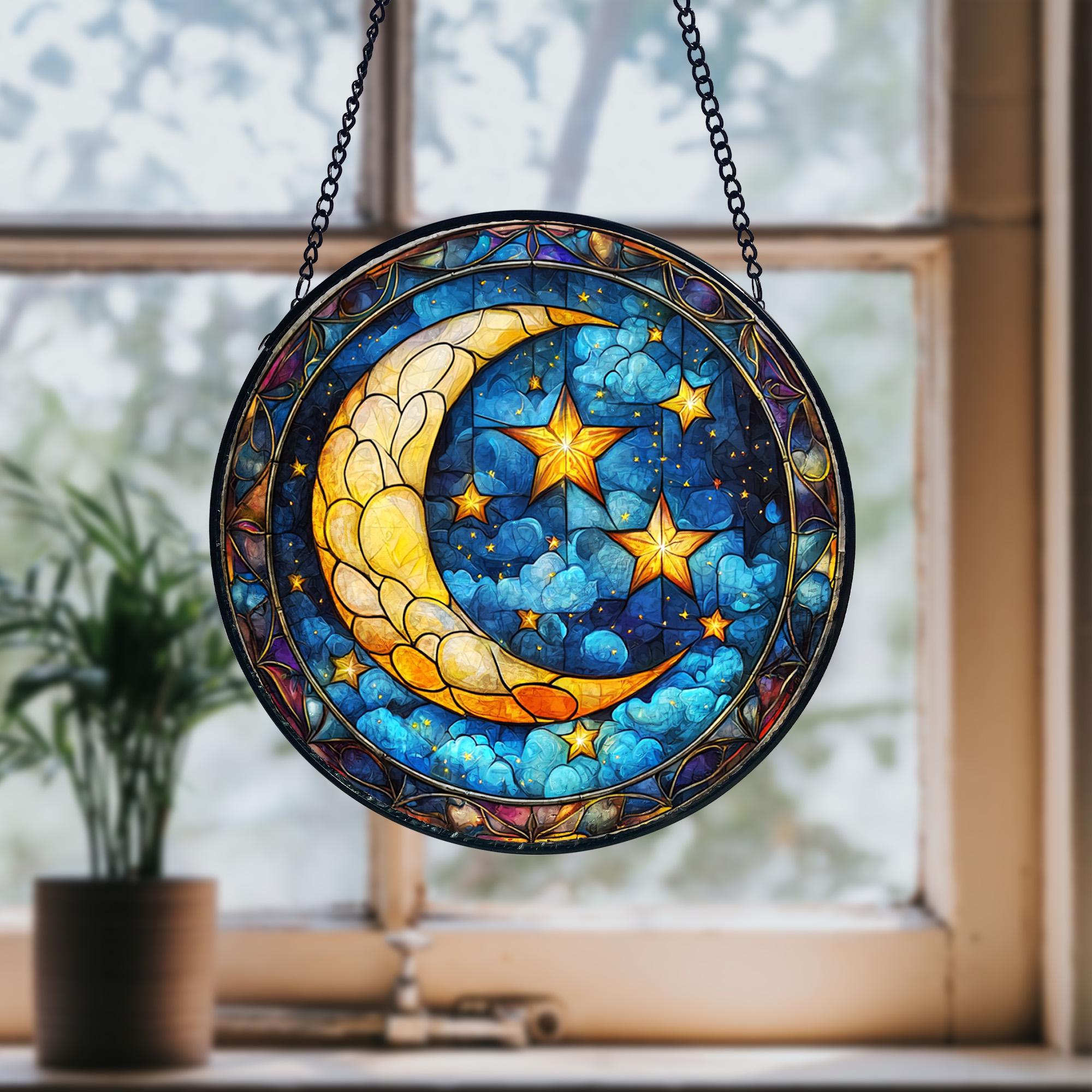 Moon and Star Stained Glass Suncatcher_ Celestial Window Hanging, Acrylic Stained Glass Window Art, Handmade Sun Catcher Hanging Decor, Colorful Light Reflecting Panel, Unique Gift for Home