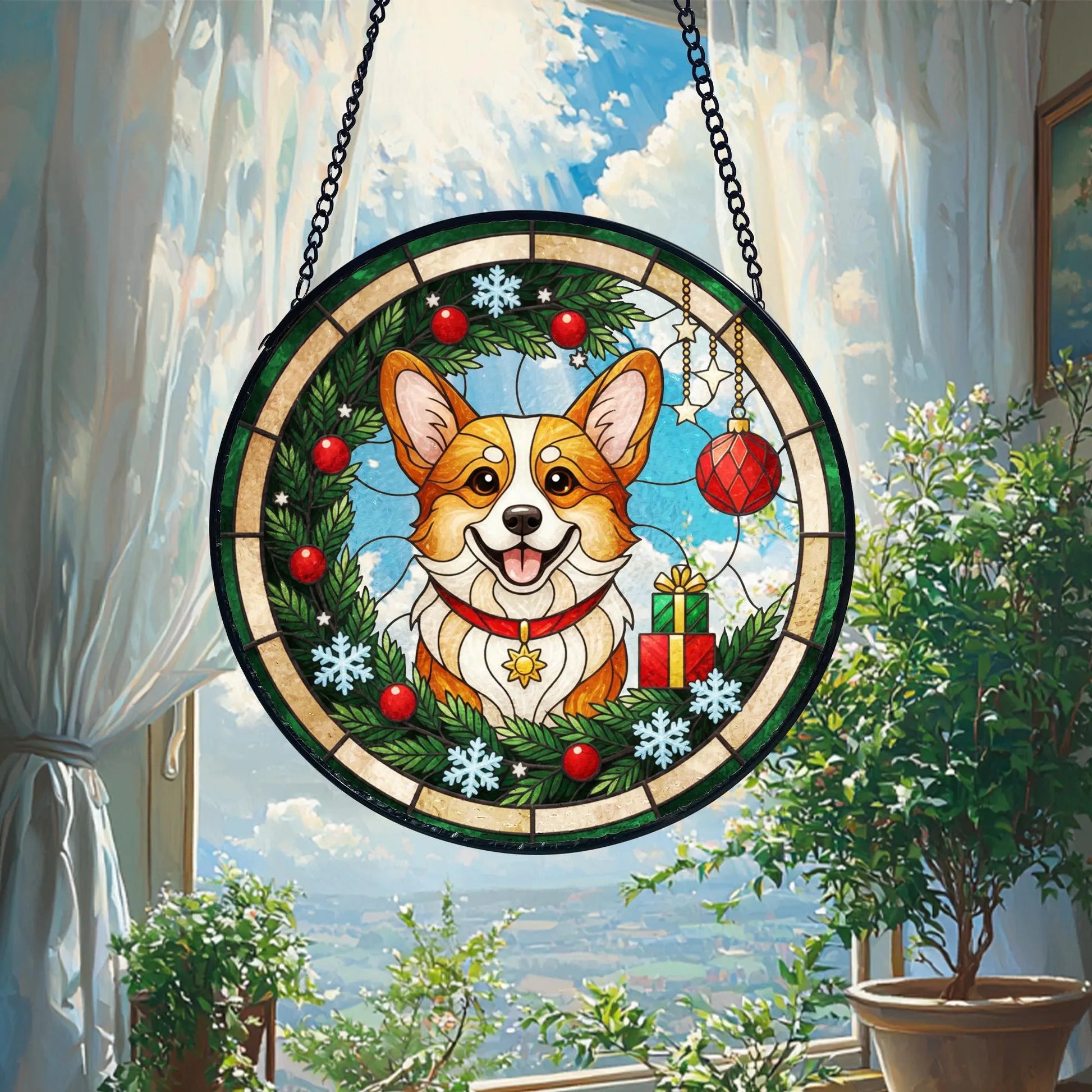 Corgi Christmas Suncatcher_ Stained Glass Window Hanging, Colorful Sun Catcher Ornament, Boho Window Decoration, Unique Gift