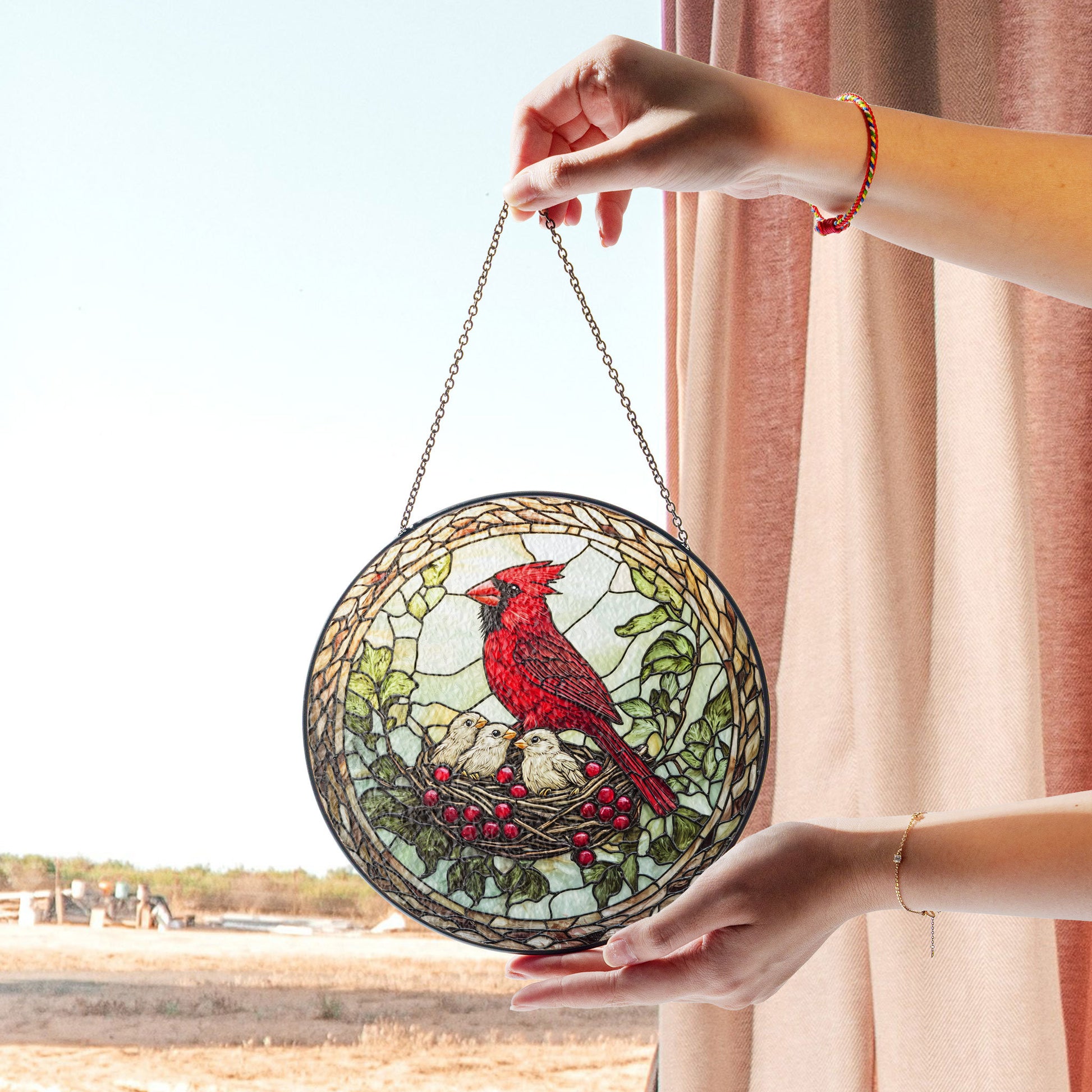 Stained Glass Cardinal With Nest Window Hanging, Perfect Nature-inspired Gift for Bird Lovers, Colorful Acrylic Light Catcher, Stained Glass Effect Suncatcher, Handmade Window Decoration Gift