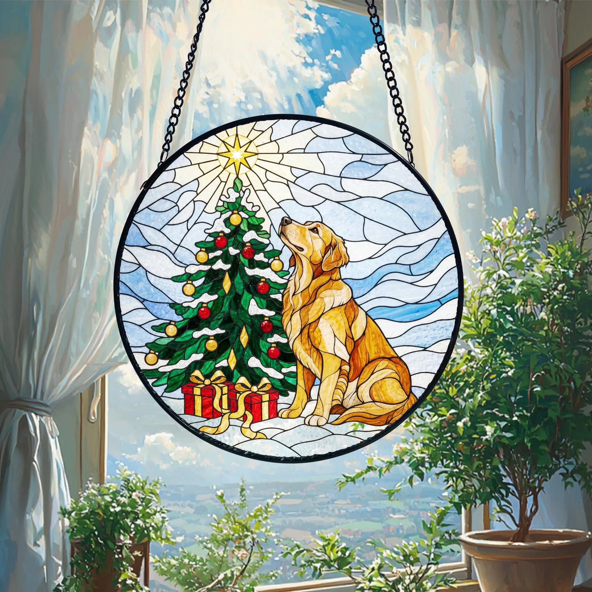 Golden Retriever Christmas Suncatcher_ Stained Glass Window Decor, Colorful Sun Catcher Ornament, Boho Window Decoration, Unique Gift