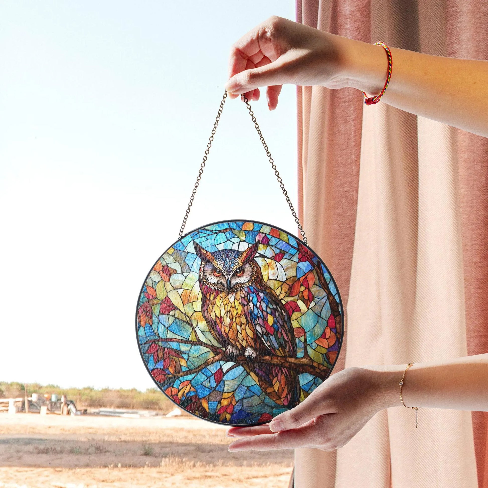 Majestic Stained Glass Owl Panel - Colorful Owl Design With Autumn Leaves, Acrylic Stained Glass Inspired Suncatcher, Decorative Window Hanging, Artistic Home Decoration