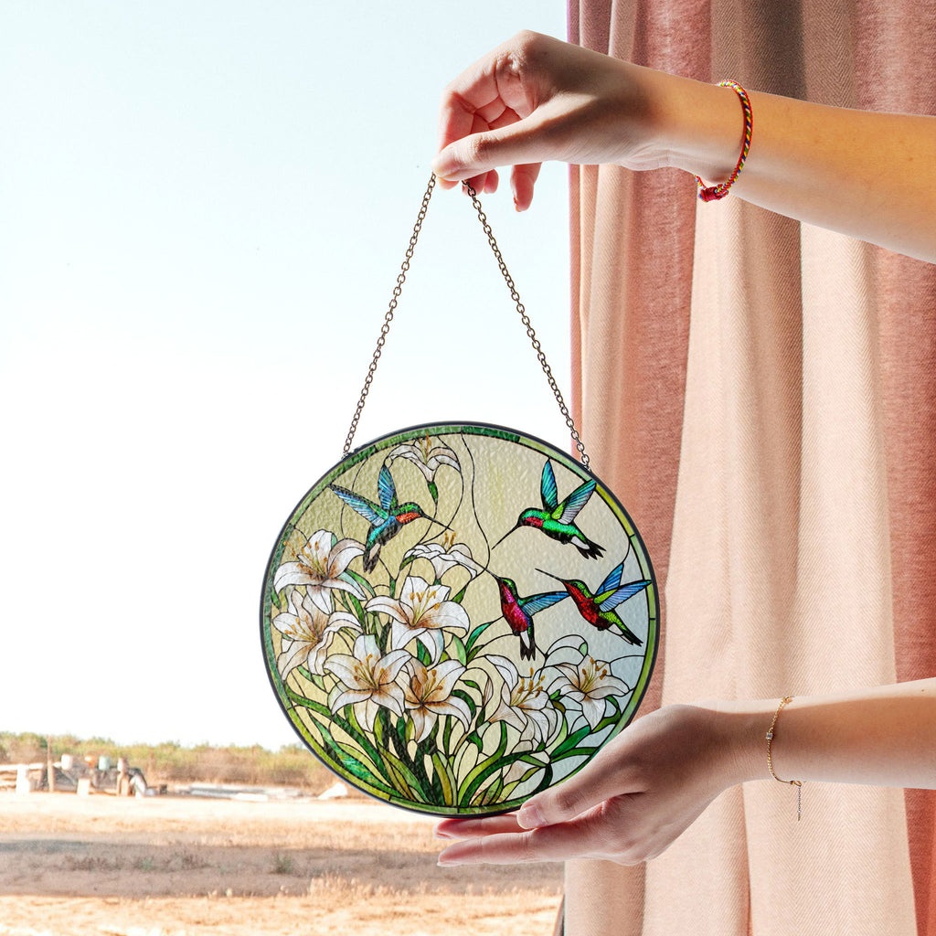 Stained Glass Hummingbird and White Lily Suncatcher - Elegant Window Hanging for Home and Garden Decor, Acrylic Hanging Sun Catcher for Windows, Stained Glass Look Decor, Artistic Home Accent