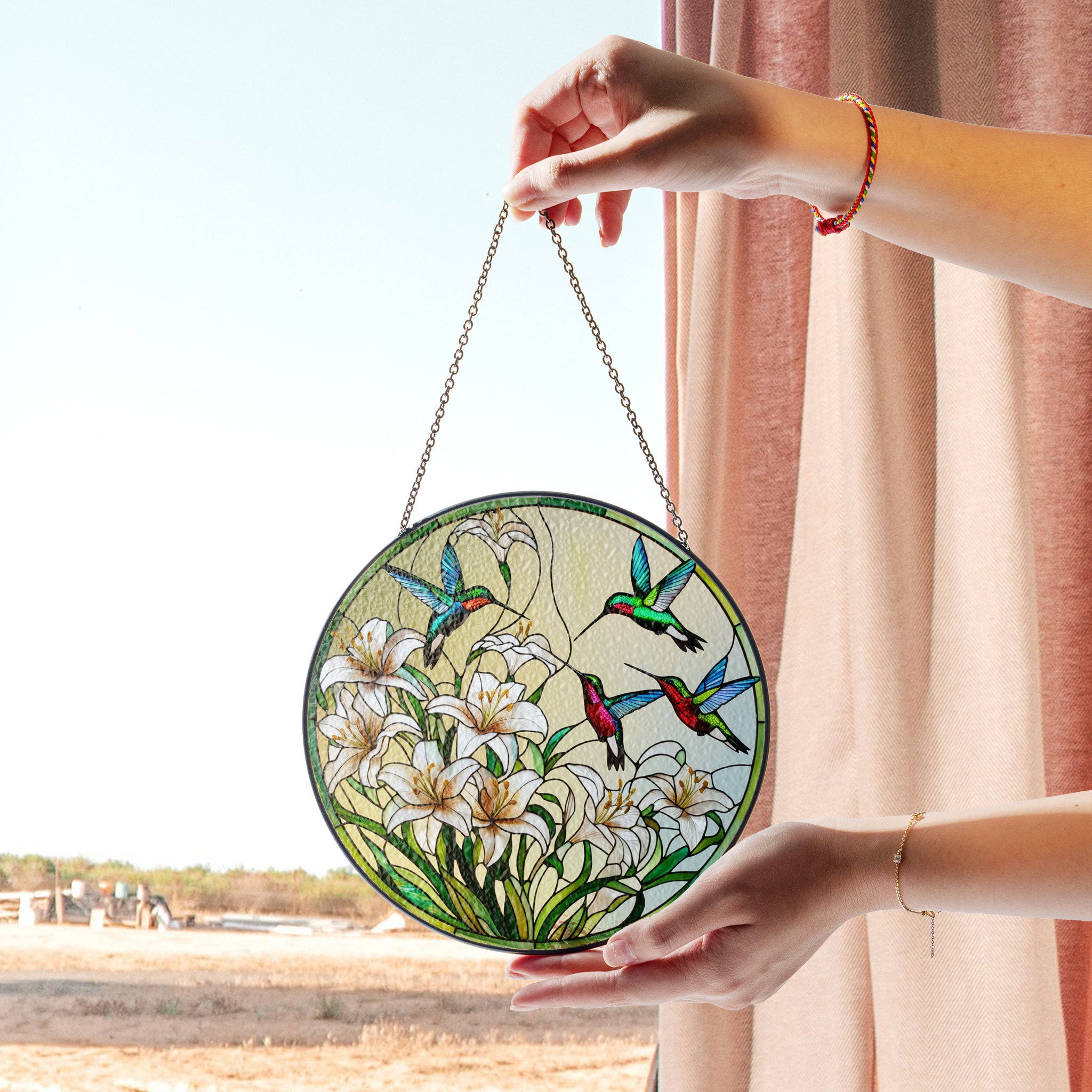 Stained Glass Hummingbird and White Lily Suncatcher - Elegant Window Hanging for Home and Garden Decor, Acrylic Hanging Sun Catcher for Windows, Stained Glass Look Decor, Artistic Home Accent
